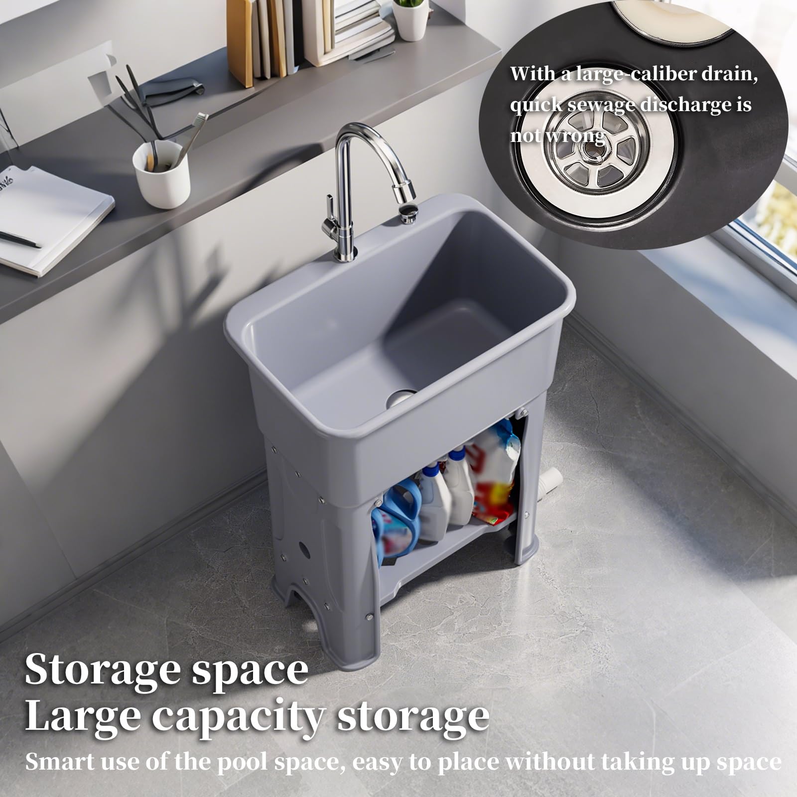 Lavandino con lavabo, mensola e rubinetto, in plastica resistente, per garage, lavanderia, esterni, lavaggio animali domestici e giardinaggio, stazione di lavaggio versatile