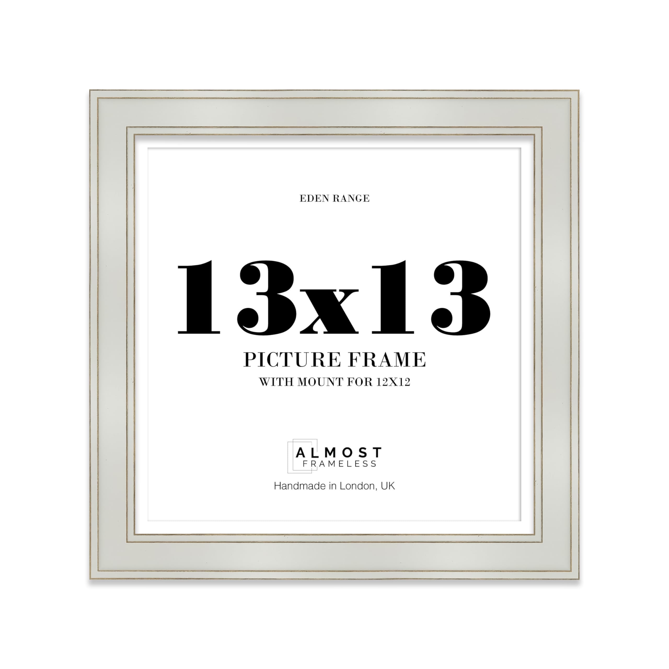 13x13" Light Grey Square Picture Frame with 12x12" Mount - Shabby Chic Photo Frame with Distressed Finish, Gold Trim, Wall Hooks, 37mm Edge - 1 Pack