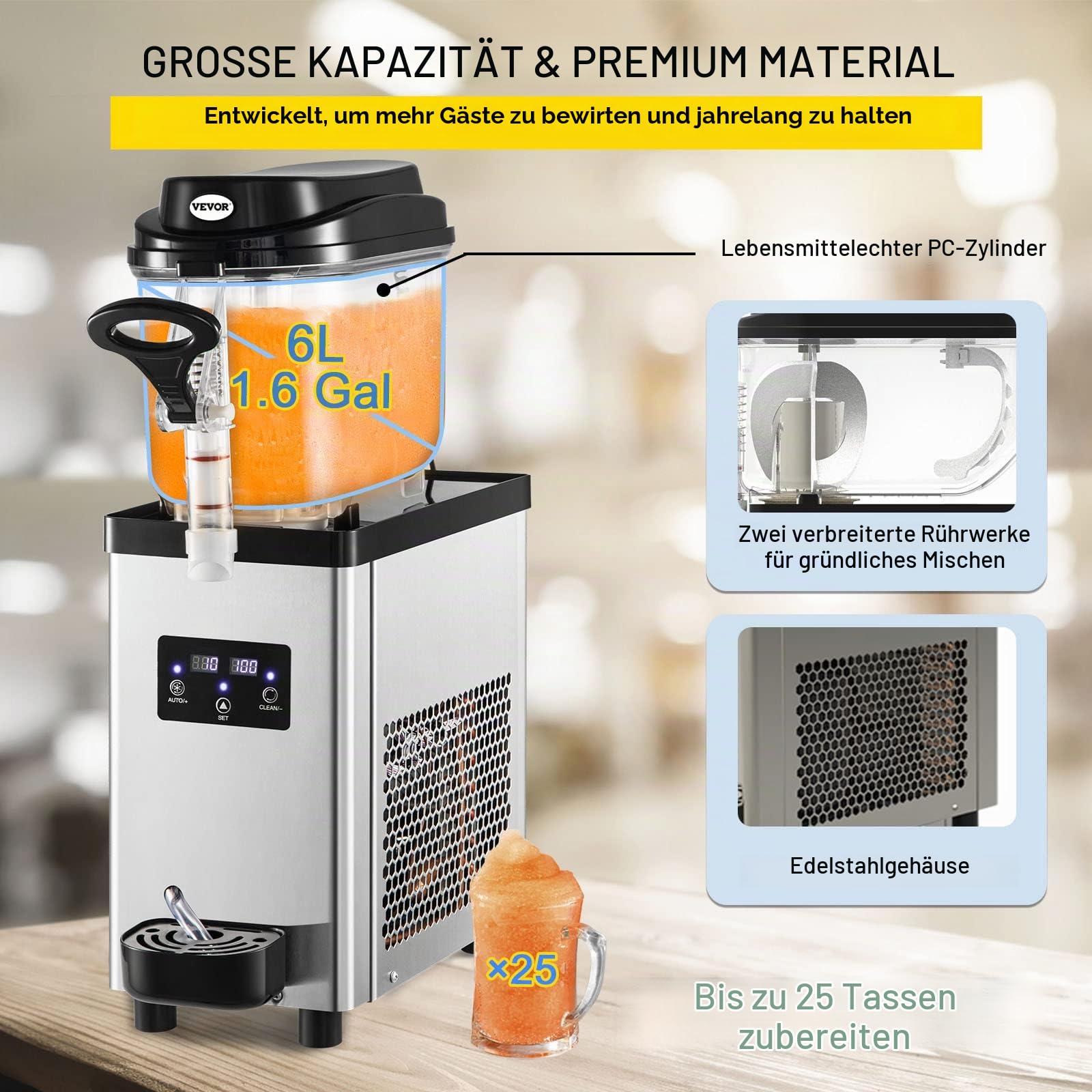 VEVOR Kommerzielle Slushy-Maschine, 6L Tassen Einzelschüssel Slush Ice Maschine, 300W 220V, Edelstahl Margarita Smoothie Frozen Drink Maker, Slushie Maschine für Supermärkte, Cafés, Restaurants, Bars