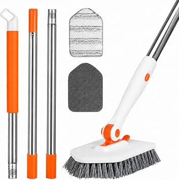 Tile Tub Scrubber Brush with 52-inch Adjustable Long Handle 3-in-1 Rotatable Shower Brush for Cleaning,3 Different Replacement Brush Heads for Cleaning Tub Tile Bathroom Kitchen Walls ,Orange