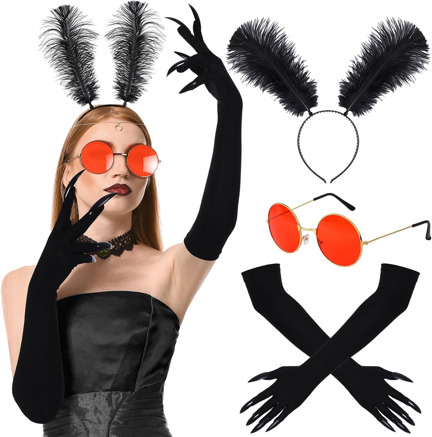 3 Pcs Halloween Mothman Costume Accessories Include Paw Gloves Glasses Feather Headband for Unisex Adults Women Men