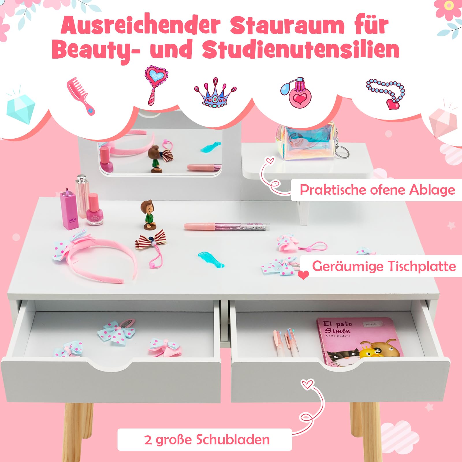 DREAMADE 2 in 1 Kinder Schminktisch mit Hocker und Abnehmbarer Spiegel, Prinzessin Frisiertisch mit Schublade Kosmetiktisch aus Holz, Kinderschminktisch für mädchen
