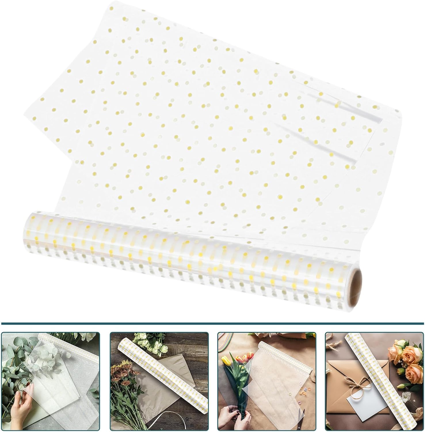 Ipetboom Flower Wrap Film Roll 40cm X 30m Gold Polka Dot Floral Wrap Waterproof Dustproof Cellophane for Flower Bouquet Packaging and Wrapping