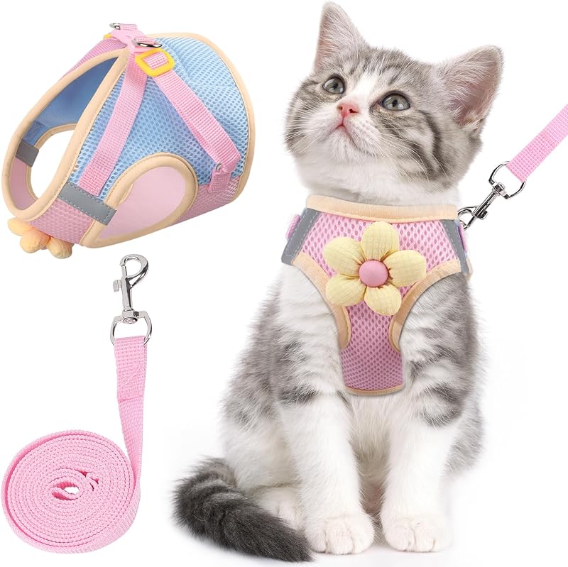 Peitoral para Gatos com Guia, Malha Macia com Faixa Refletiva NCMAMA Rosa S