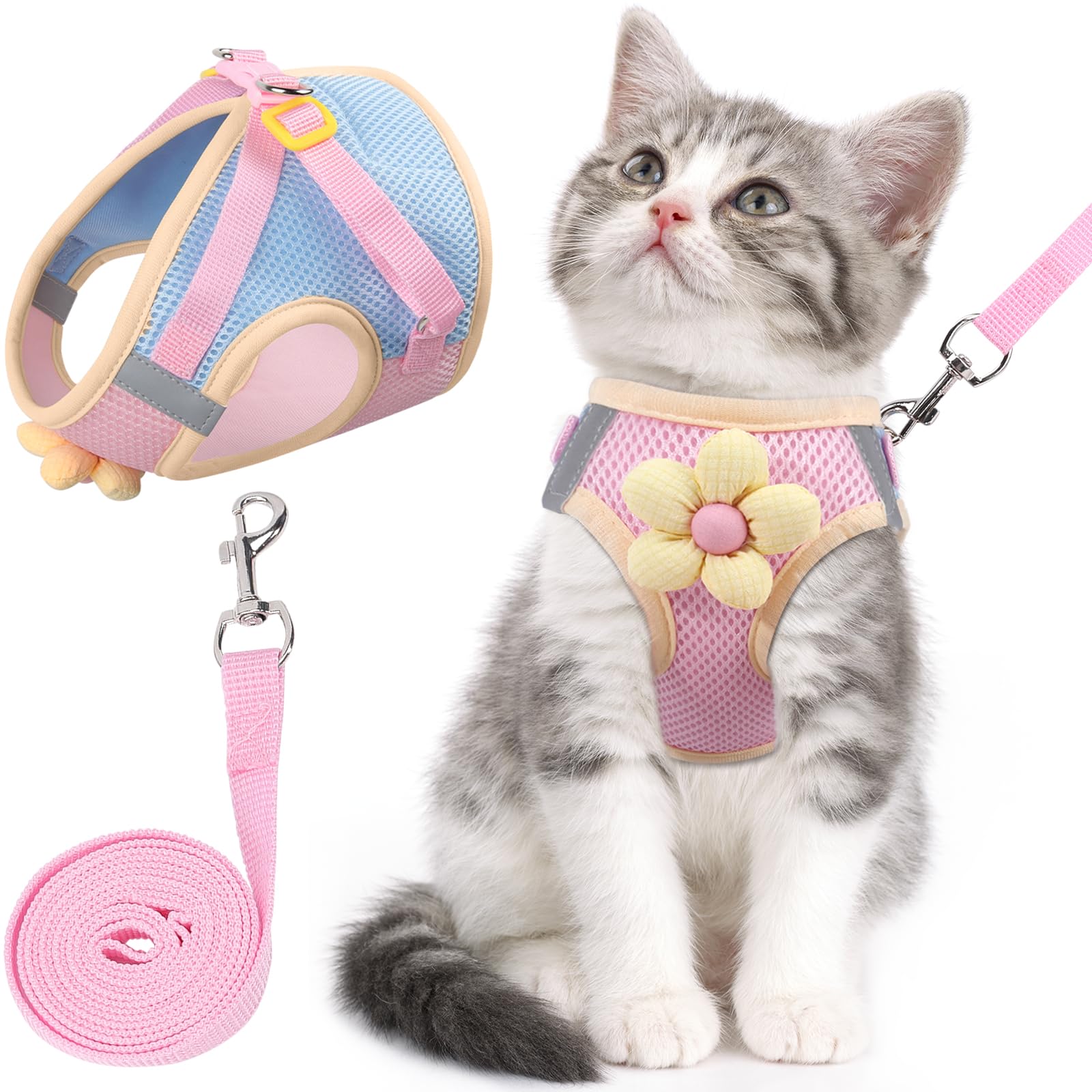 Cat Harness and Leash Set for Walking Escape Proof, Adjustable Kitten Harness Breathable Mesh with Reflective Strips Harness with Flower for Kitty Puppy Bunny