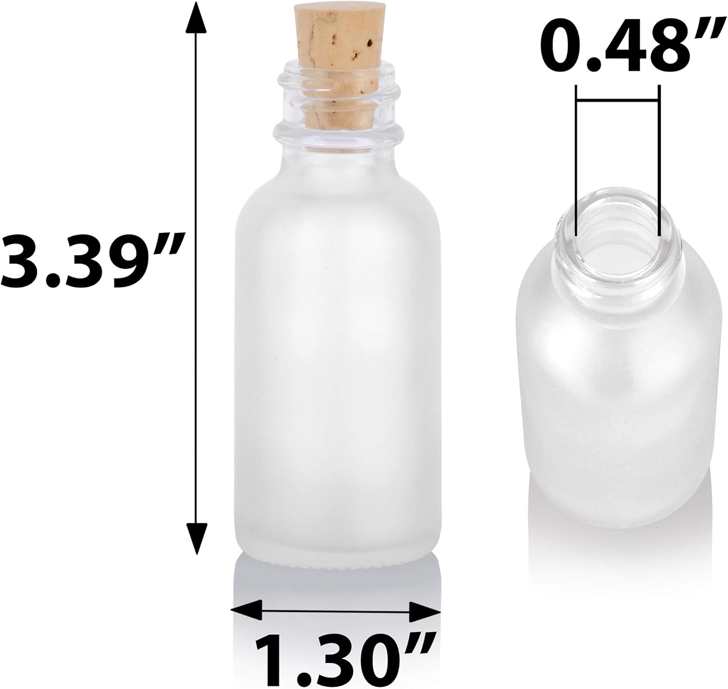 JUVITUS 1 oz / 30 ml Frosted Clear Glass Boston Round Empty Bottle Container with Cork Stopper Closure Top (12 pack) + Funnel