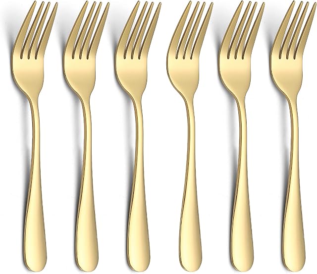 Evanda 14cm Gold Dessert Forks 6 Pieces, Stainless Steel Gold Titanium Plating Pastry Forks Set, Mini Cake Forks, Appetizer Forks for Home, Wedding, Party, Cafe, Restaurant, Dishwasher safe.
