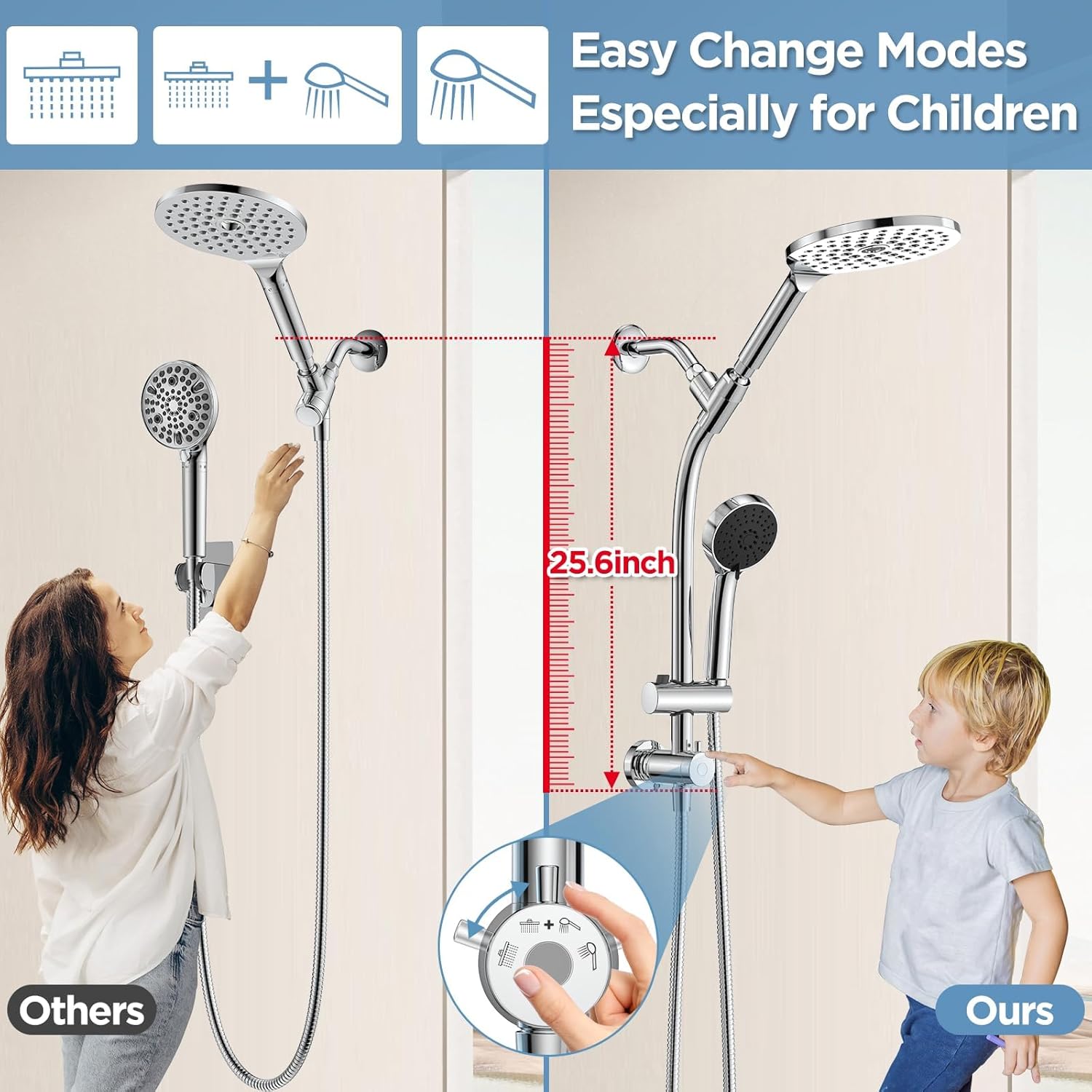MakeFit Drill-free Dual Shower Head with Handheld Combo Rainfall Shower Head Easy Reach 3-way Diverter Stainless Steel Slide Bar with Height Adjustable Holder Adjustable Rain Showerhead (Chrome)