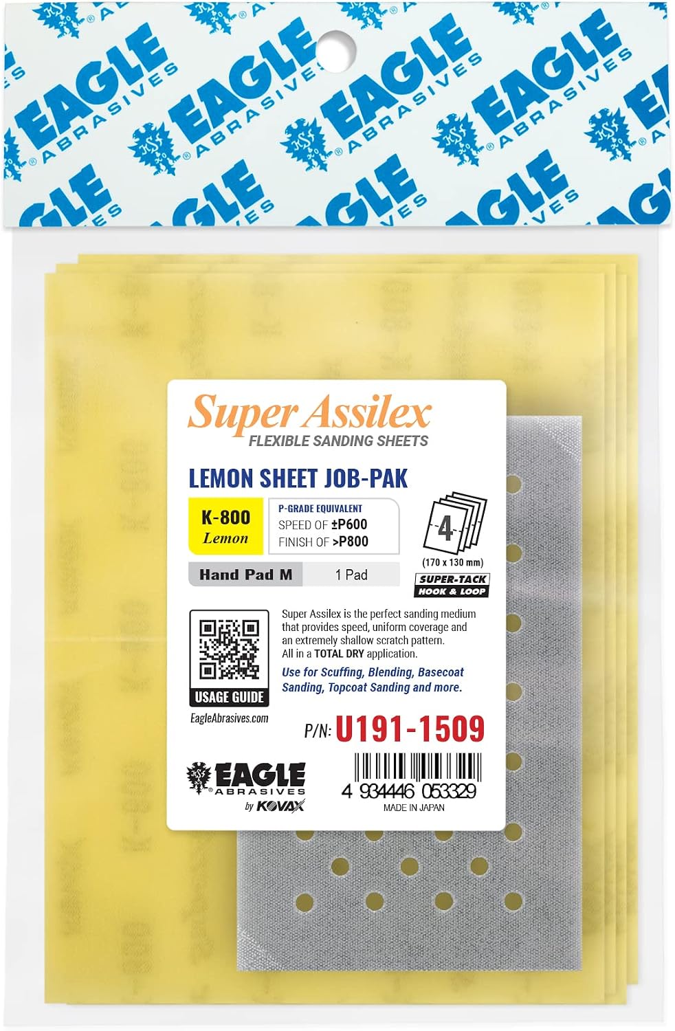 Super Assilex Flexible Sanding Sheets Job-PAK, Lemon K-800, U191-1509, 4 Sheets + 1 M Hand Pad for Half Sheets