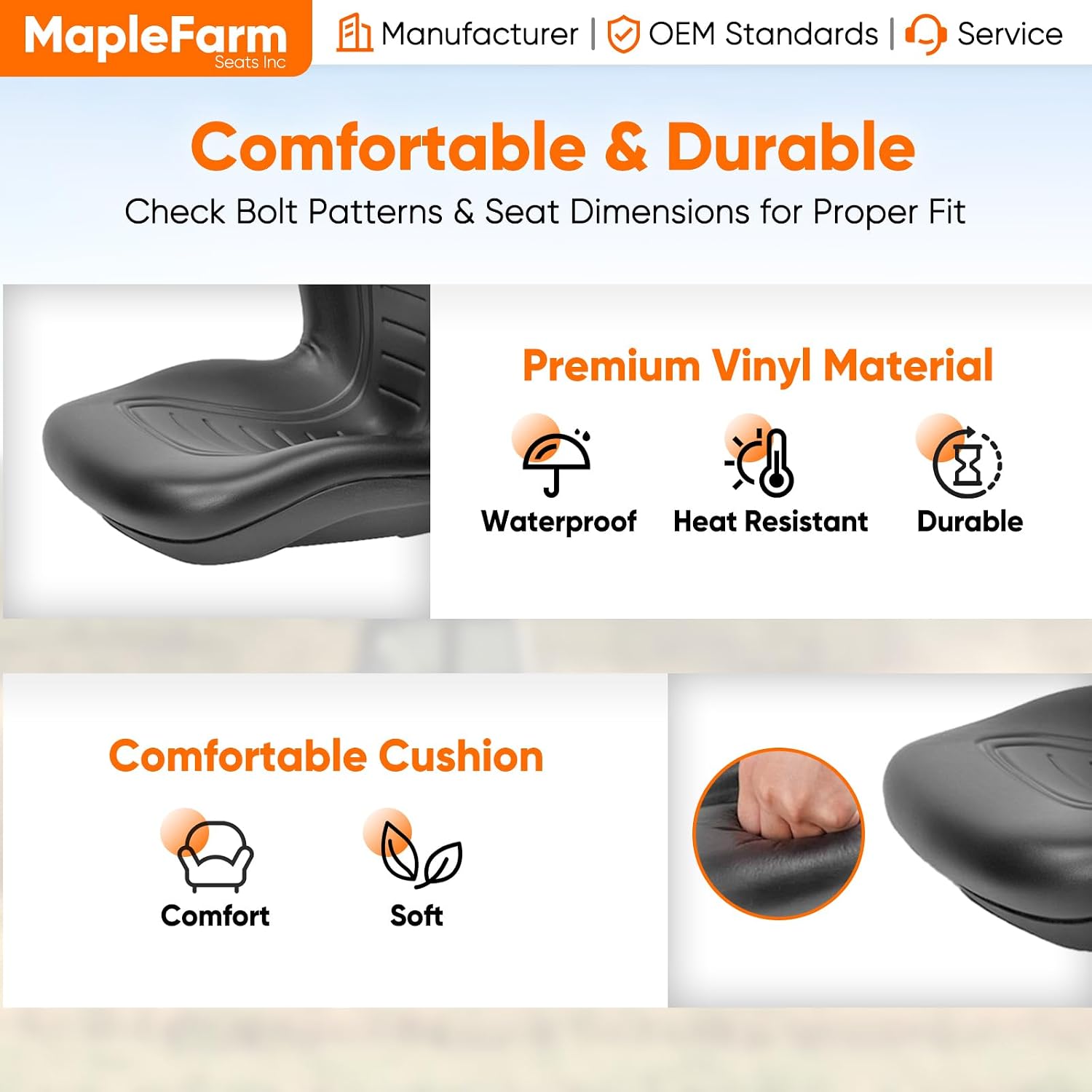 MFS Universal Forklift Lawn Tractor Seat, Waterproof Vinyl Cover with Drain Hole Soft Foam Cushion Equipment Accessory Part High Back Seat Replacement Fits Garden Riding Lawn Mower Skid Steer - 149