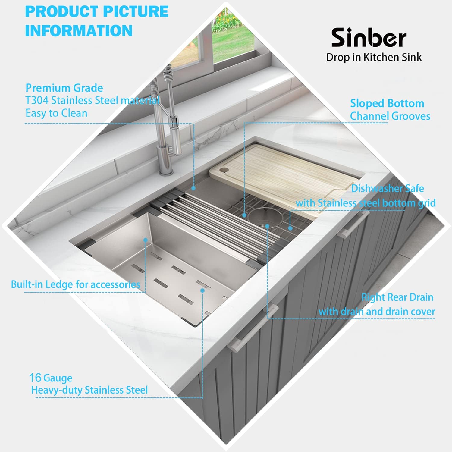 Sinber KSS0001S-OK 32" x 19" x 10" Undermount Single Bowl Workstation Kitchen Sink with 16 Gauge 304 Stainless Steel Satin Finish 6 Accessories