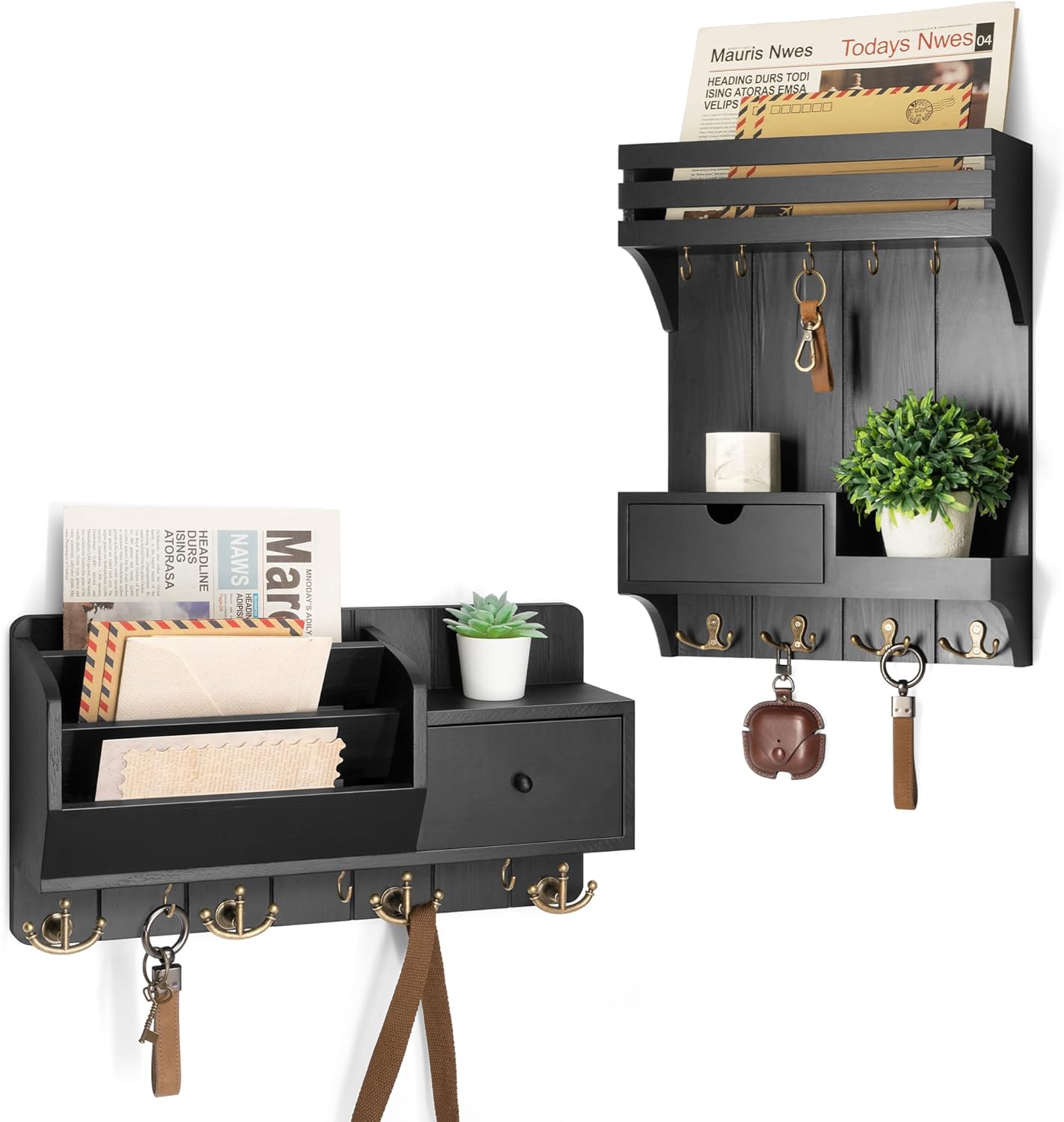 Rebee Vision Modern Mail Organizer Wall Mounted Set - Key Holder Wall Mount with Drawer Organizer & Mail Sorter for Home Storage - Stylish Apartment Essentials for Home Decor (Black)