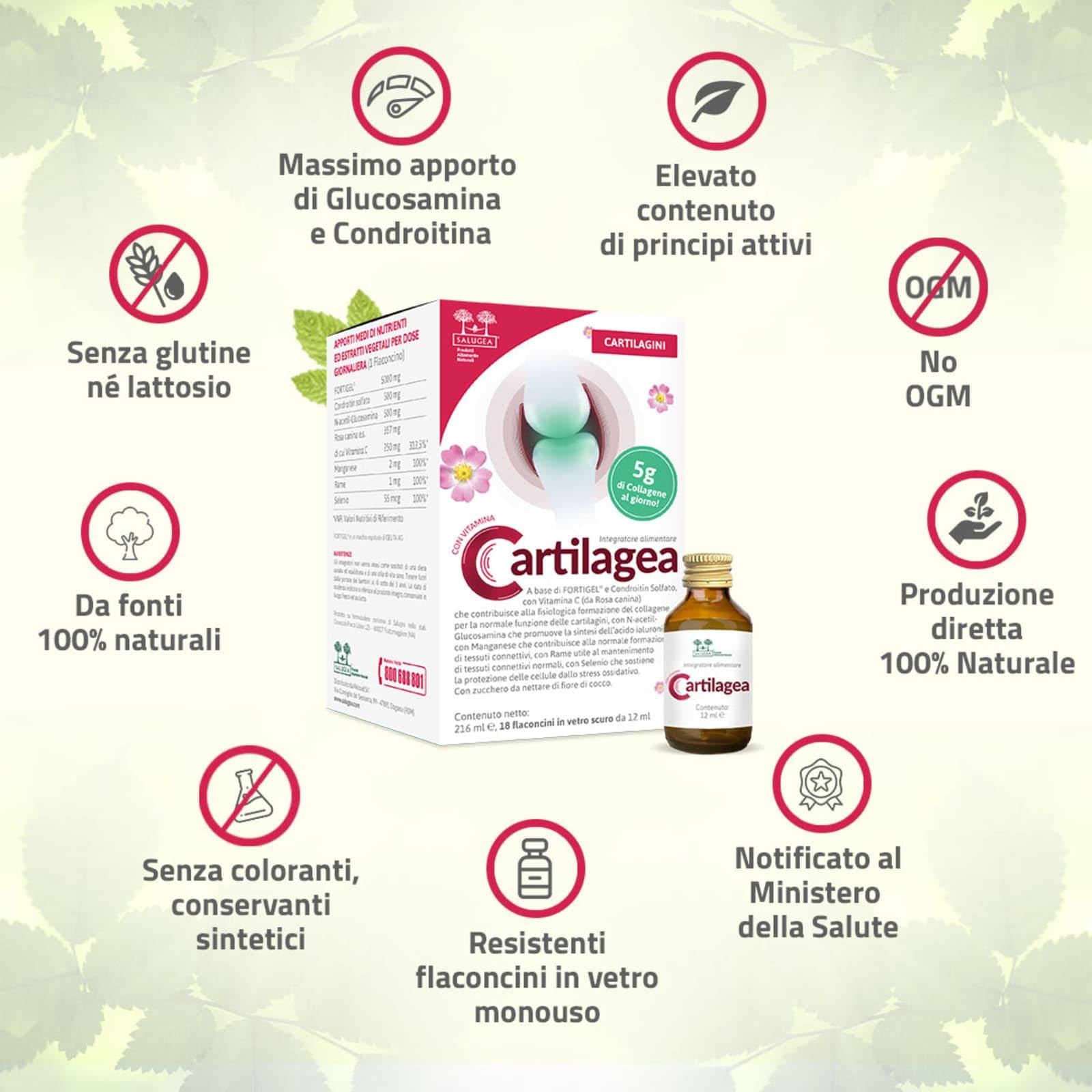 CARTILAGEA Salugea - Integratore 100% Naturale per il Benessere delle Cartilagini - con Collagene idrolizzato, Glucosamina, Condroitina, Rosa Canina (Vit. C), Manganese, Rame e Selenio - 18 flaconcini