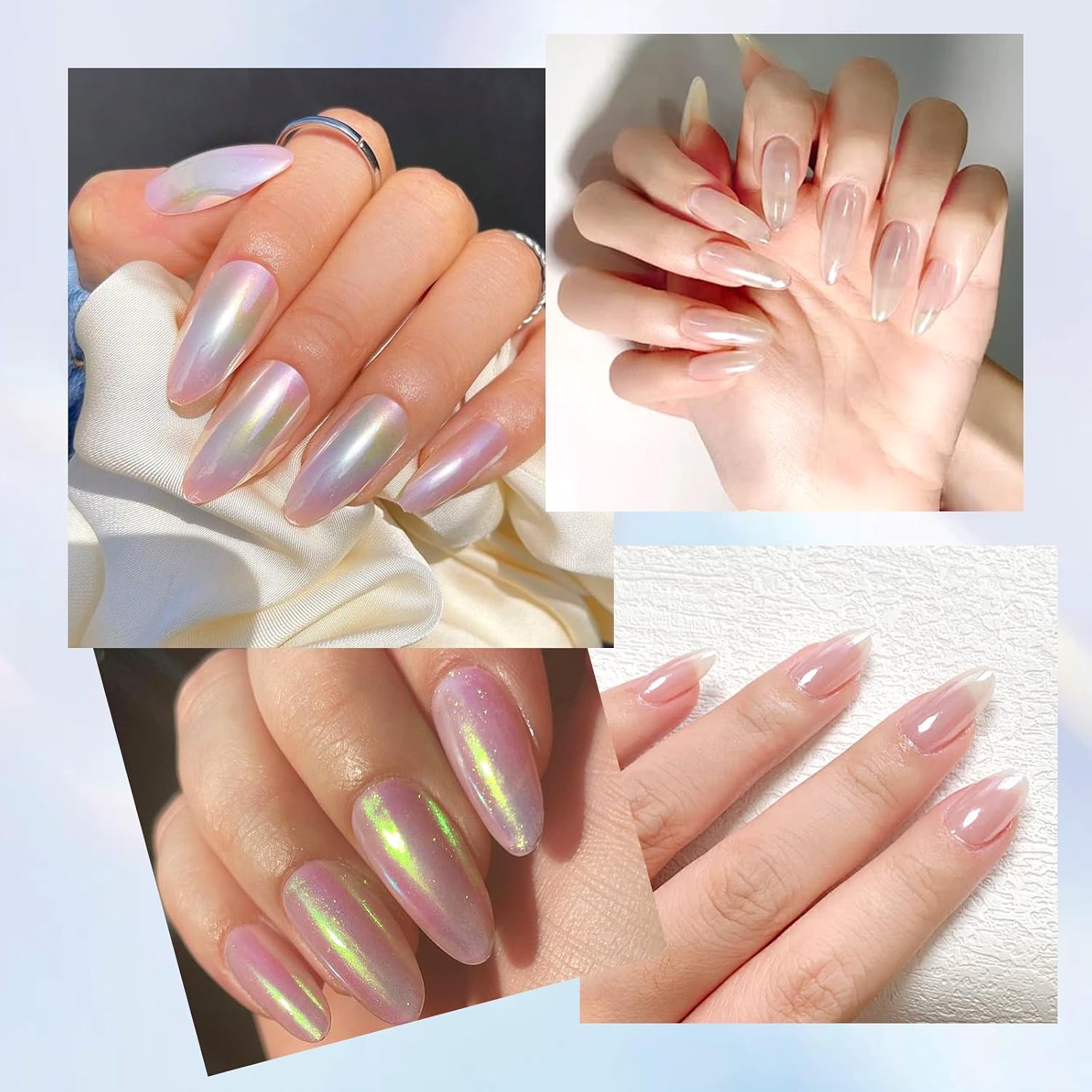 4Colors Chrome Nail Powder Metallic Mirror Glitter Effect Pigment Iridescent Aurora Dip Powder, Mermaid Pearl Dust Kit for Gel Polish Nail Art Decoration, Resin Craft-Colorful Dream