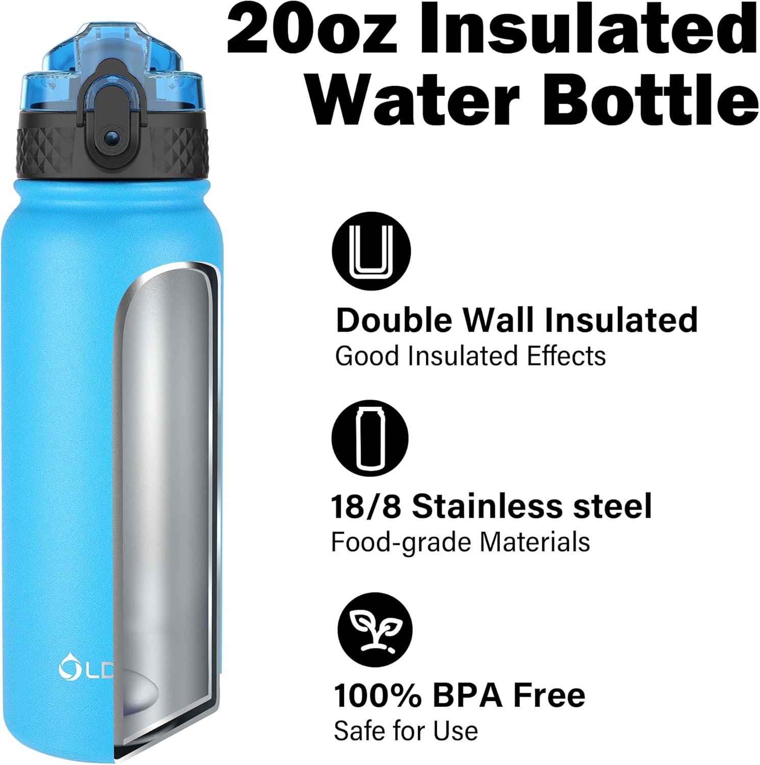 OLDLEY Insulated Water Bottle 20oz Water Bottles with Straw, Stainless Steel Water Bottle with 3 Lids, Double Wall Vacuum Bottles for Adult Kids, Sports Bottles for School Travel,Blue - Image 4