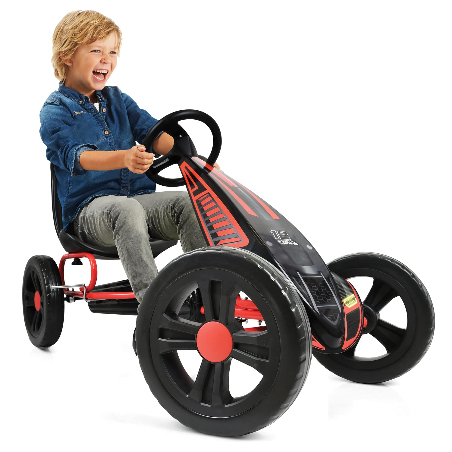 hauck Go Kart Cyclone - Kart Pedales para Niños de 4 a 10 Años - Coche Pedales con Ruedas de 12 Pulgadas - Go-Kart con Freno de Mano y Asiento Ajustable - Chasis de Acero - Negro/Rojo
