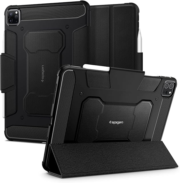 Spigen Rugged Armor Pro Case Compatible with iPad Pro 12.9 Inch 6th Generation (2022) and iPad Pro 12.9 Inch 5th Generation (2021) with Pencil Holder / Auto/Sleep Wake Function / TriFold Stand - Black