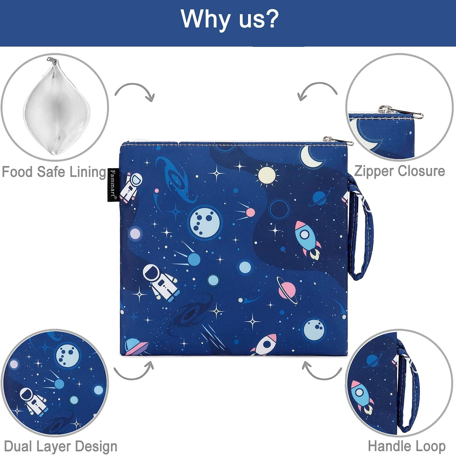 Fammart Reusable Sandwich Bag/Snack Bag for Kids & Adults, Dual Layer Lunch Bag with Handle, Washable, Food Safe, BPA Free (1-Pack, Astronaut) image 3