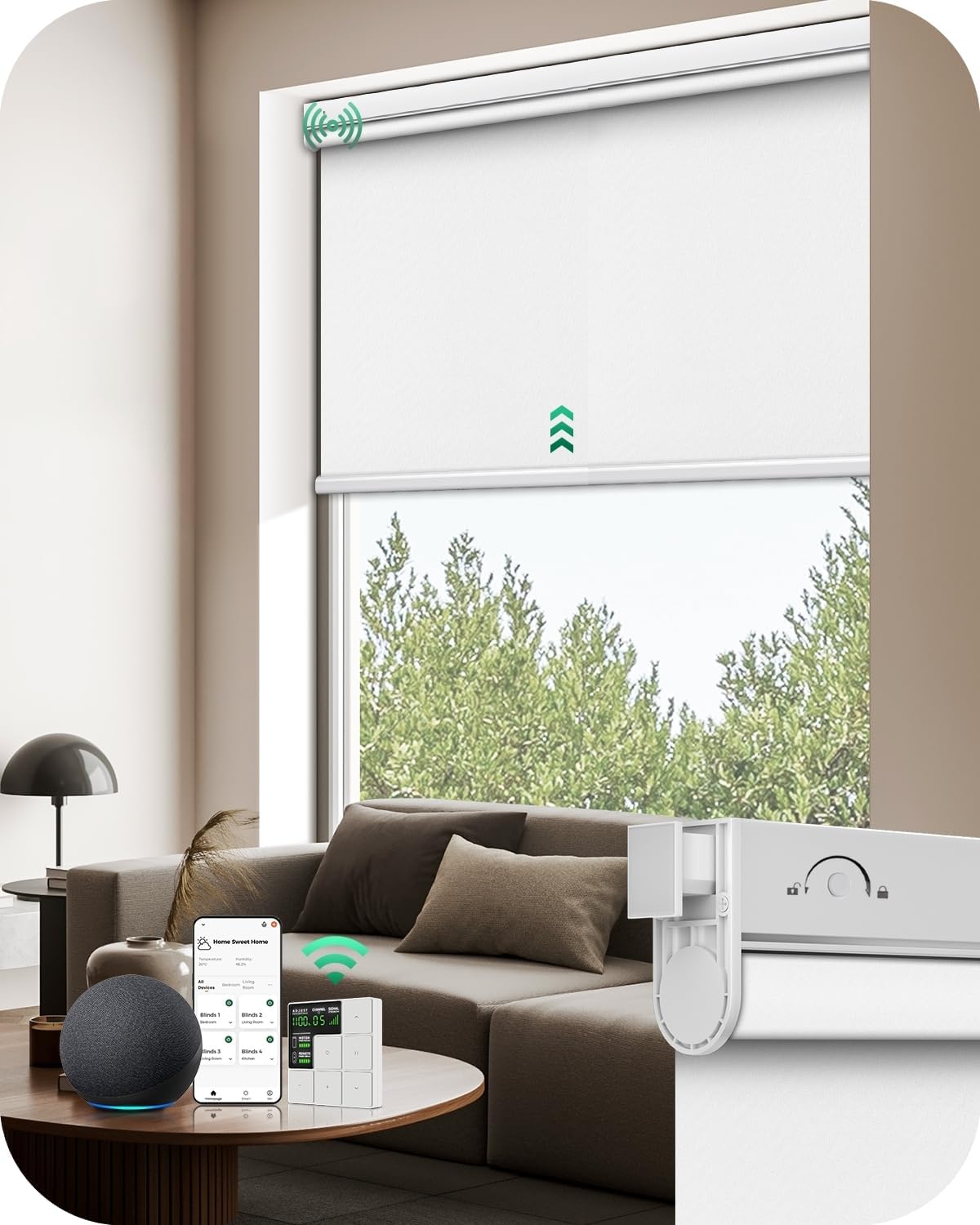 Allesin No Drill Motorized Roller Blinds - Rechargeable, Remote Controlled, Cordless Electric Shades for Indoor Windows with Quiet Motor & Alexa-Compatible (Custom Size, 100% Blackout White) 100% Blackout White Customize