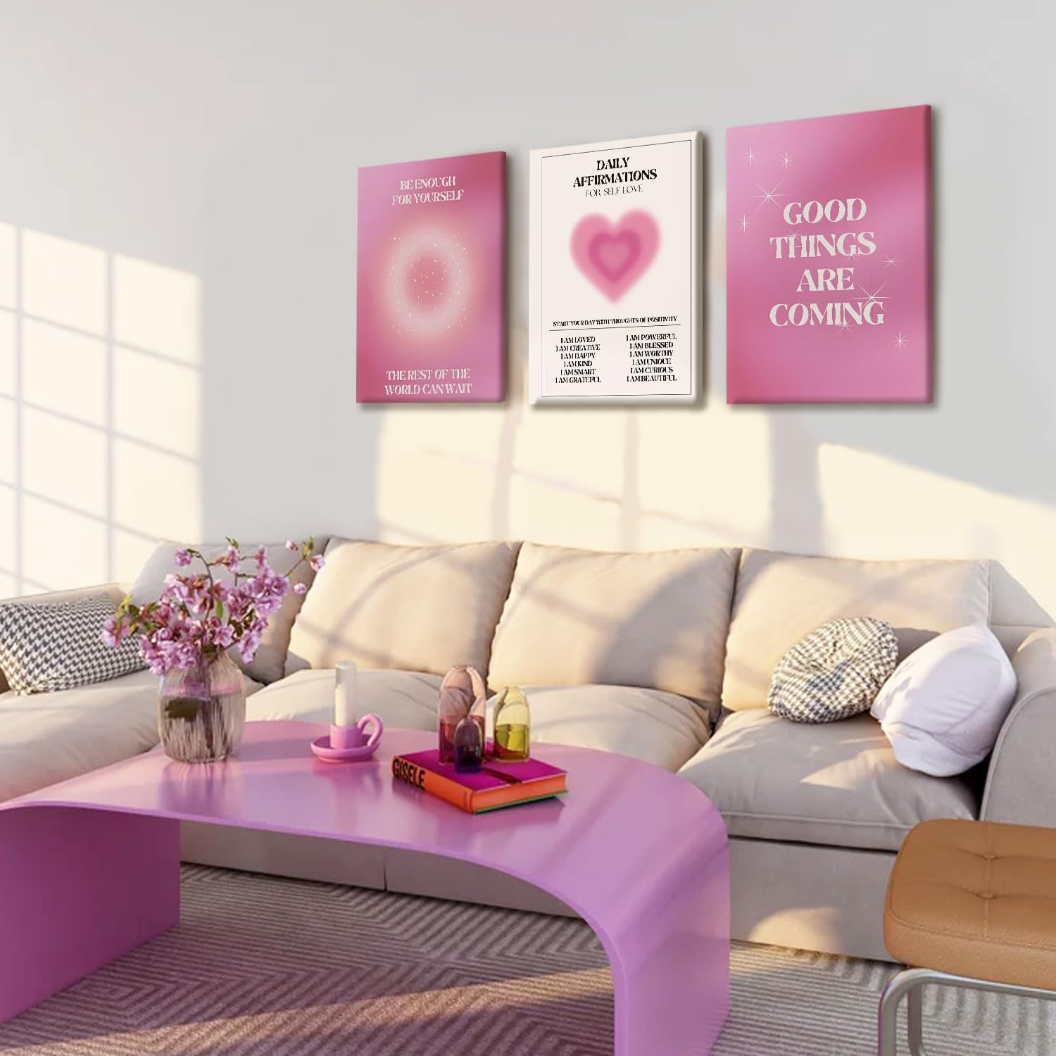 NCCXNCC 3-Pcs Pink Angel Digital Canvas Wall Art Daily Affirmations Wall Decor Painting Gradient Halo Artwork Aesthetic Poster Print Suitable for Apartments, Dormitories, Girls' Bedrooms 12x16 inch