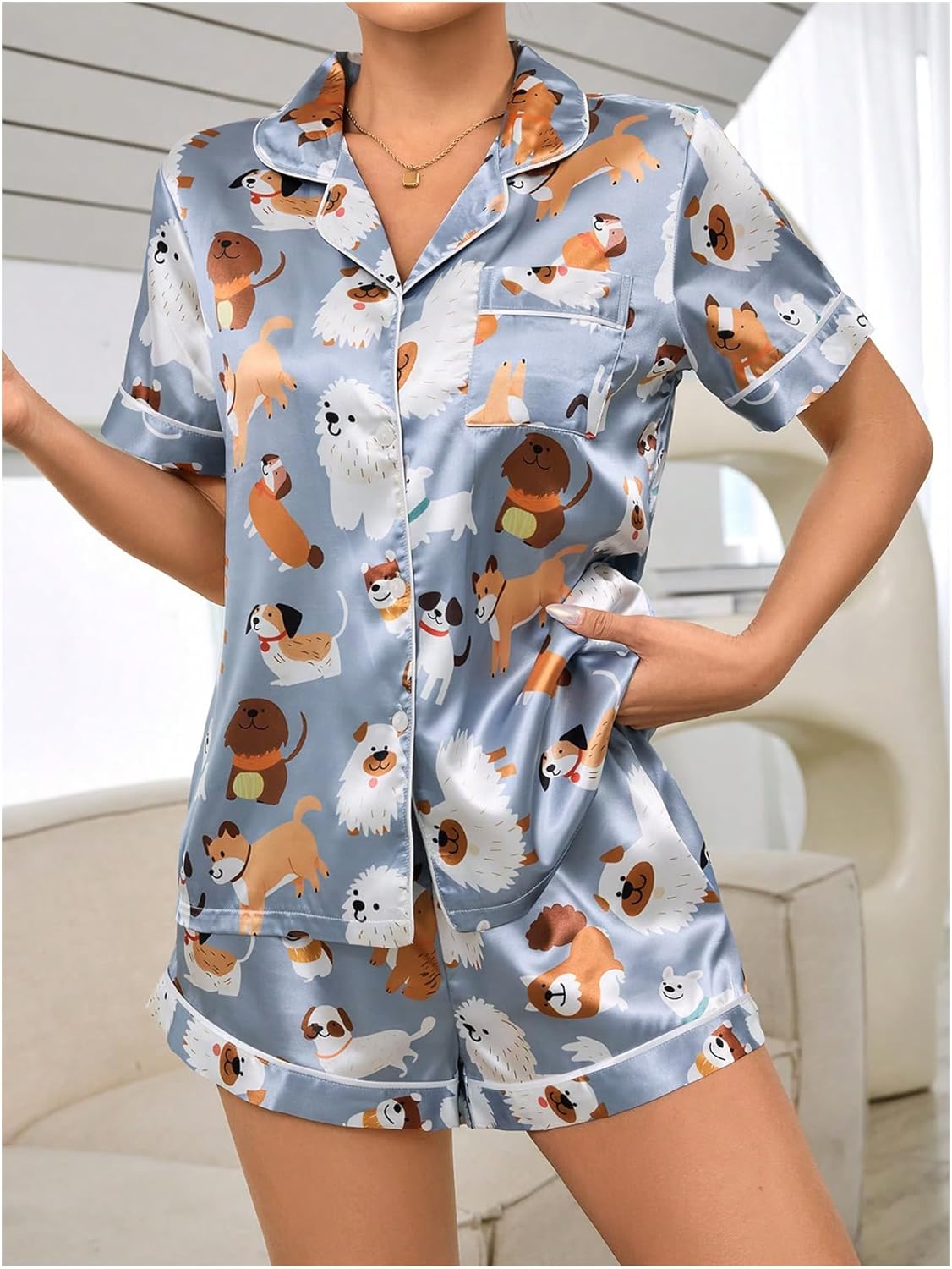 SOLY HUX Cute Satin Pajama Sets for Women, Preppy Summer Pajamas for Teen Girls, 2 Piece Silk Pjs Shorts Lounge Set - Image 6