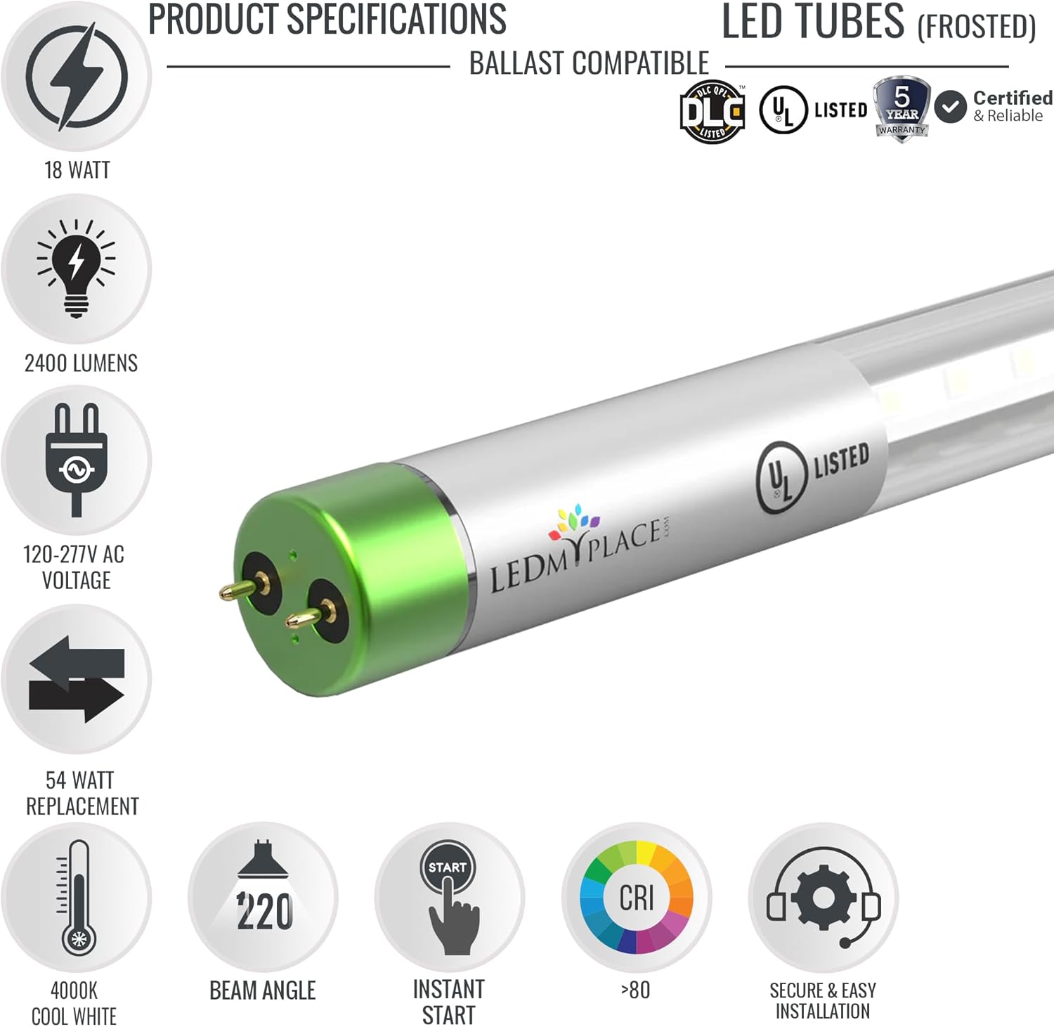 LEDMyplace 18W 4ft Hybrid LED Glass Tube Light, 2400LM, 4000K Frosted Cool White, T8 Single End/Double End Power, Ballast Bypass Compatible, for Shopping Marts, Garages, Factory, Pack of 15