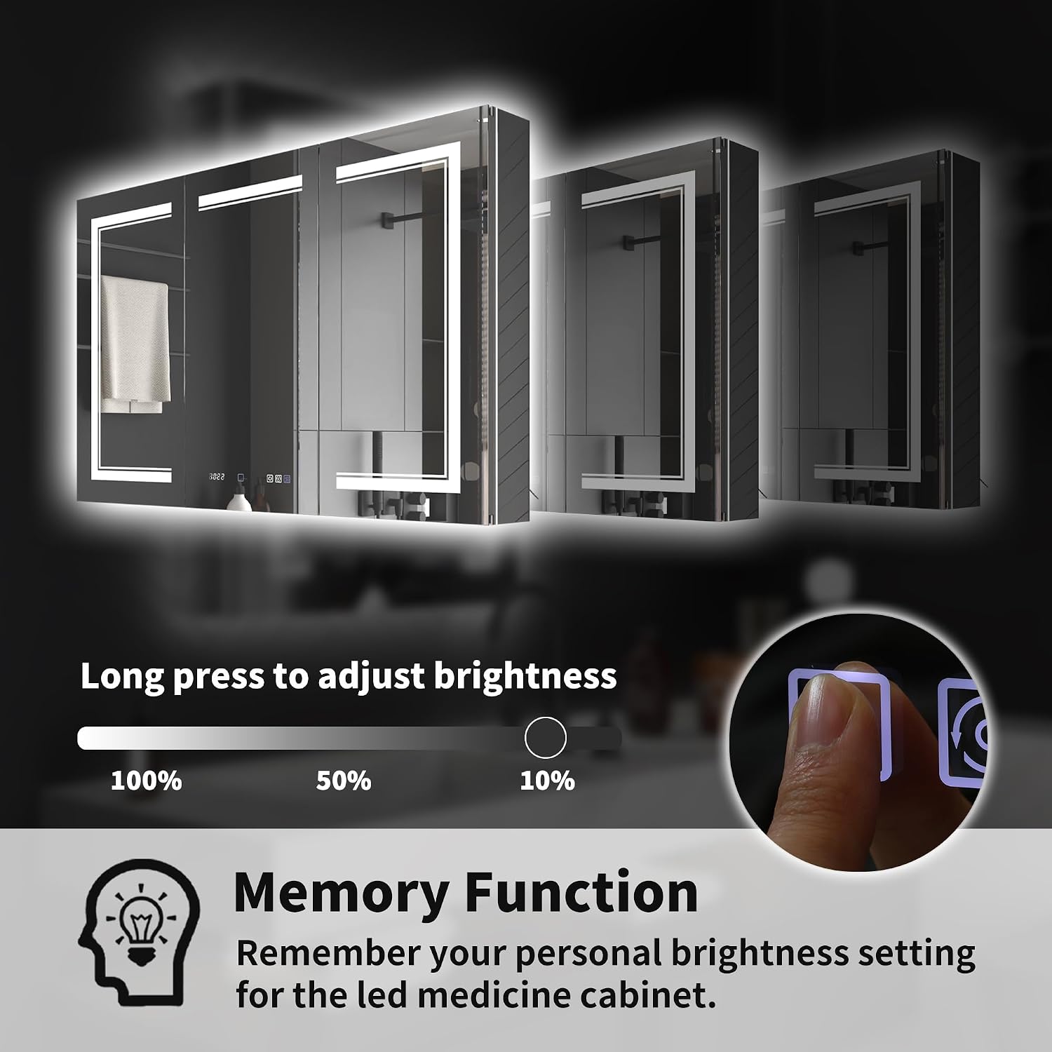Control panel on the ExBrite medicine cabinet mirror showing brightness adjustment from 10% to 100% and memory function.