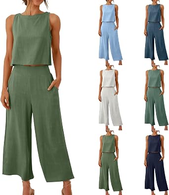 Summer Vacation 2 Piece Outfits For Women 2024 Sleeveless Crop Top Capri Wide Leg Pants Matching Lounge Set Linen Sets