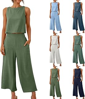 Summer Vacation 2 Piece Outfits For Women 2024 Sleeveless Crop Top Capri Wide Leg Pants Matching Lounge Set Linen Sets