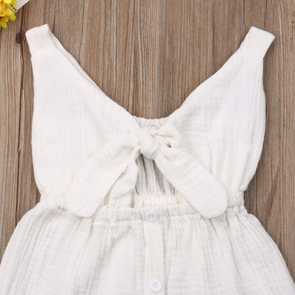 Toddler Baby Girls Solid Cotton Linen Straps Bowknot Front Buttons Backless Dress (3-4T, White)