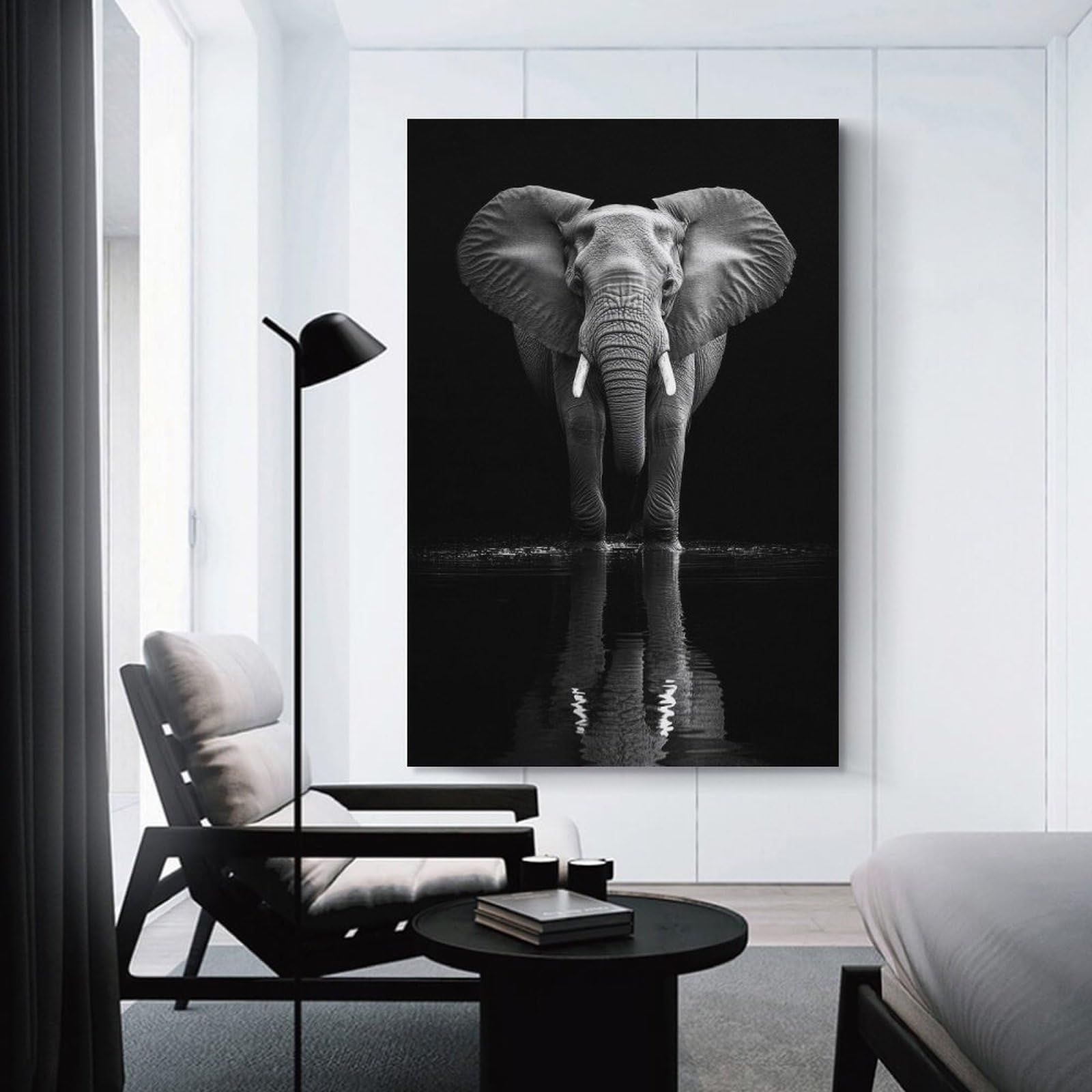 Junmoney Unframe-Style-2 Canvas Wall Picture Elephant In Water Black And White Photo, 24X36inch(60X90cm), For Bedroom, Lounge Or Dressing Area, Stylish Decor For A Restful Room Update