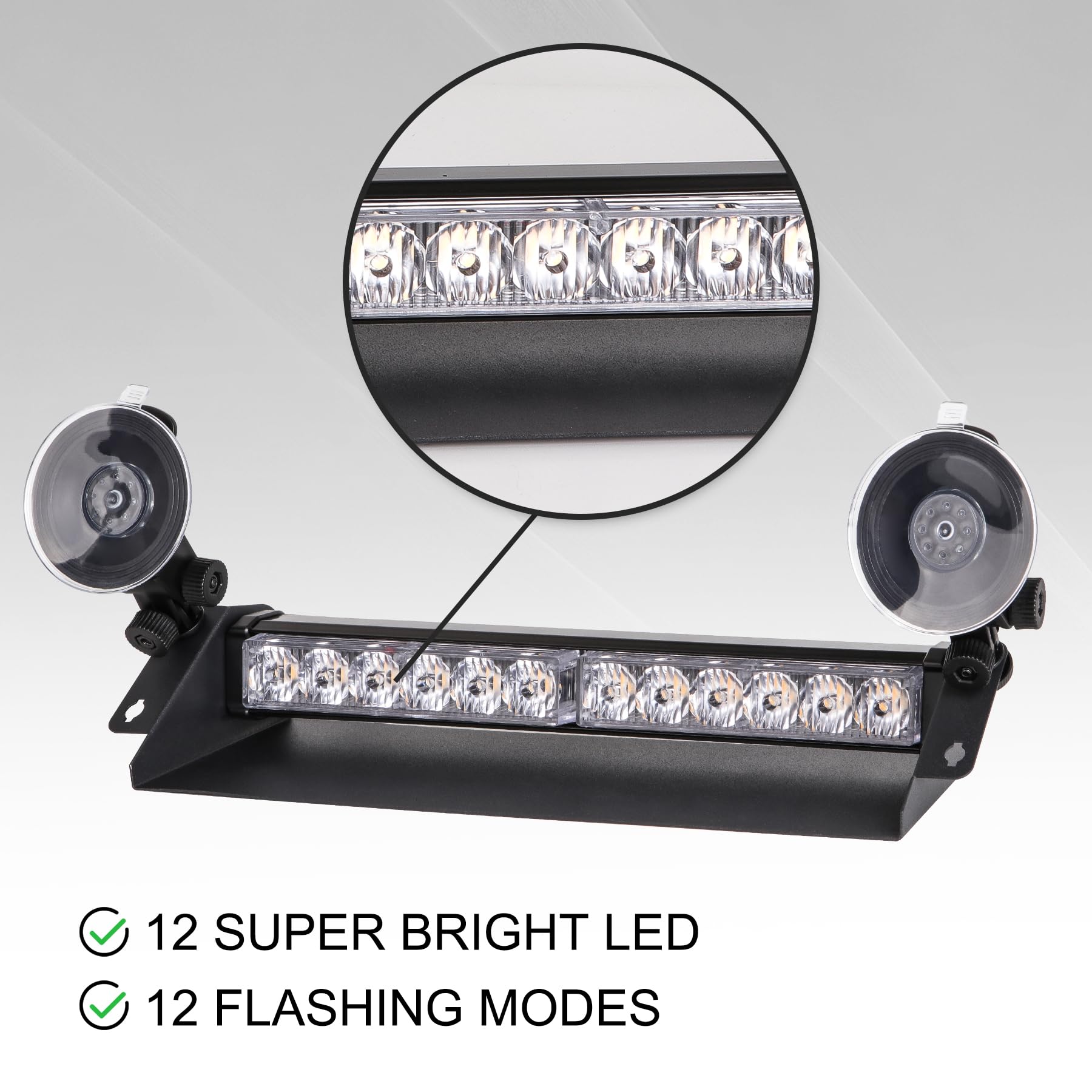 2 x 13.7 cali, 24 diody LED, migające światło stroboskopowe 2 w 1, awaryjne światło ostrzegawcze, 12 trybów migania, ulepszone regulowane przyssawki, lampa przednia szyba