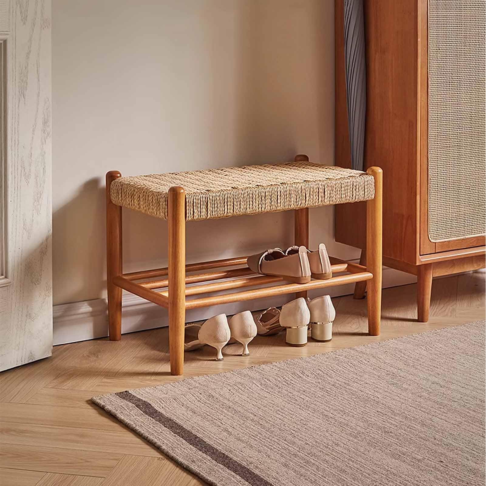SXZenSpace Shoe Rack with Seat Entryway Bench Small Wooden Hand-woven Hallway Narrow Organizer