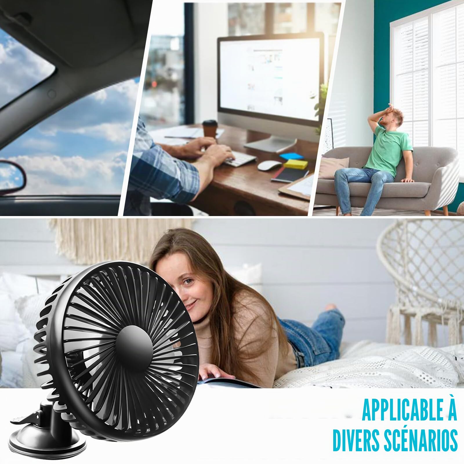 GOMETY Ventilateur de voiture, portable, rotatif à 360°, USB 12 V/24 V, universel, 3 vitesses, ventilateur de refroidissement, ventilateur de table pour la maison, le bureau, la poussette, le camping
