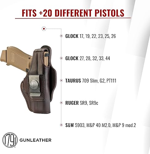 Miniatura 14 de 1791 GUNLEATHER Funda de piel para pistola de mano derecha OWB e IWB, compatible con Glock 17 19 22 23 32, Ruger SR9 SR22, Sig P225 P299, SW MP9