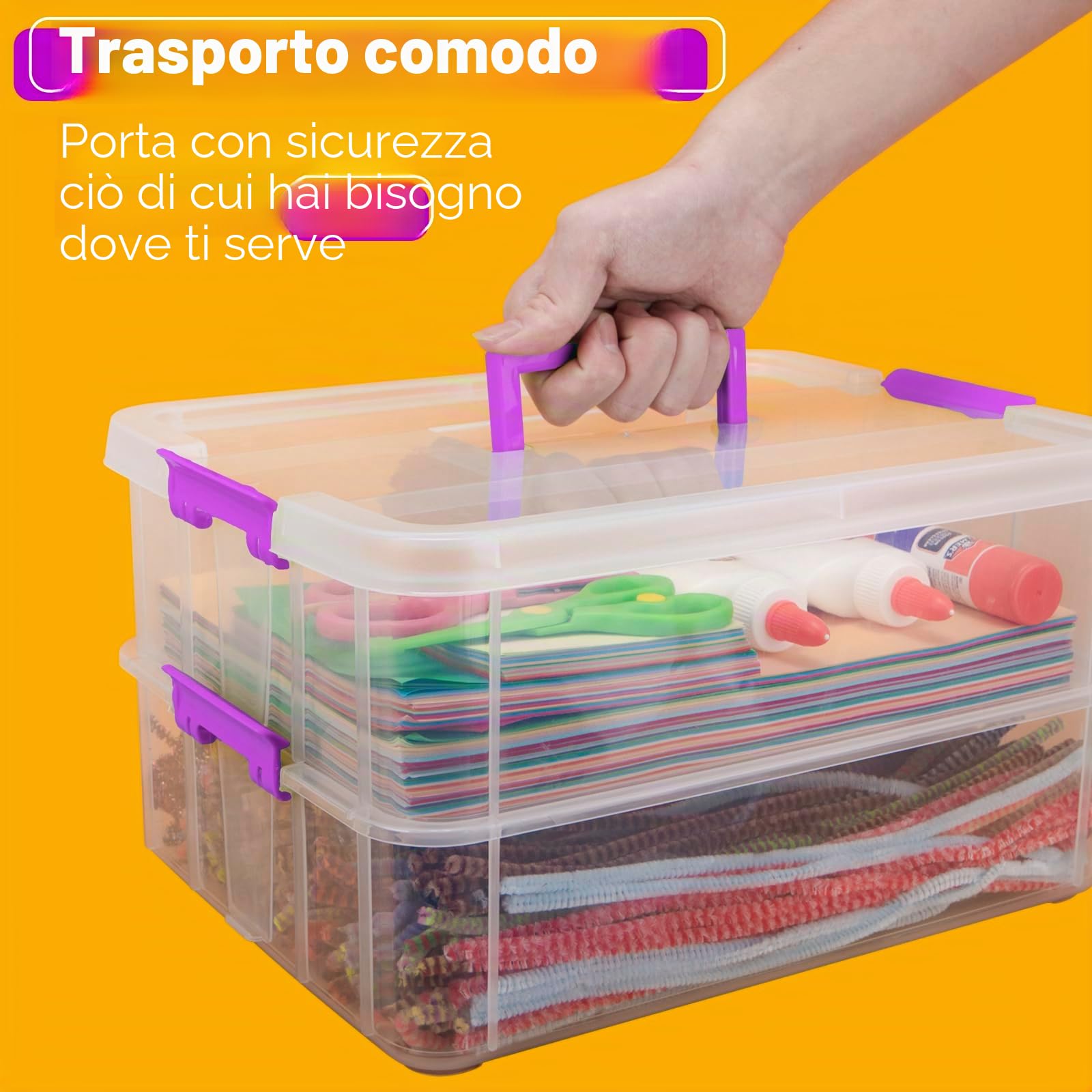 Creahaus Contenitori in plastica a 2 strati con coperchi, scatola di archiviazione multiuso per impilamento e trasporto trasparente, organizer portatile per artigianato e contenitori di archiviazione
