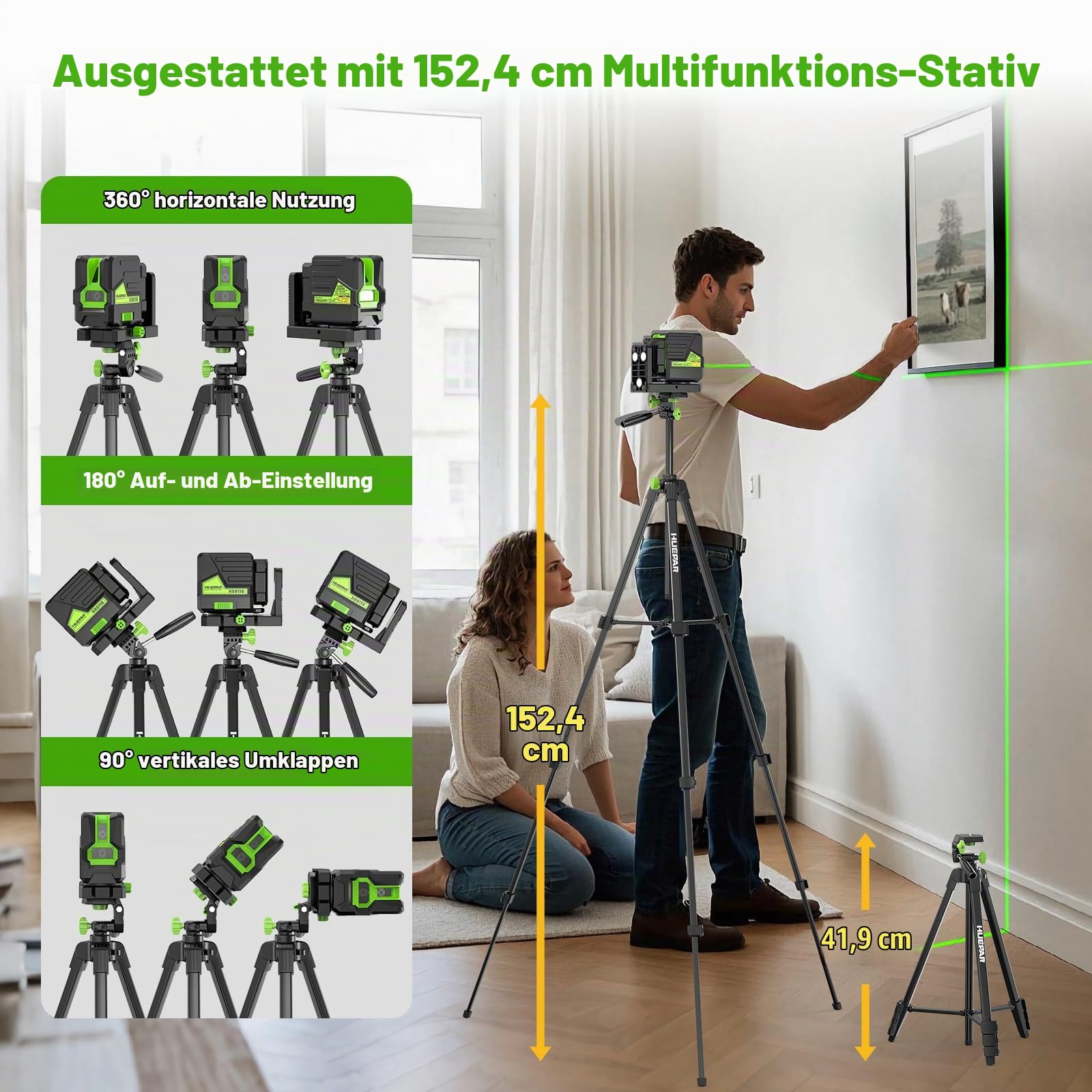 Kreuzlinienlaser, Huepar HX011G Grünen Lasernivellier, Selbstnivellierender Linienlaser mit Grünen Kreuzlinien Laser-Vertikale und Horizontale Linie, Laser-Tool für Bildaufhängen und DIY-Anwendung