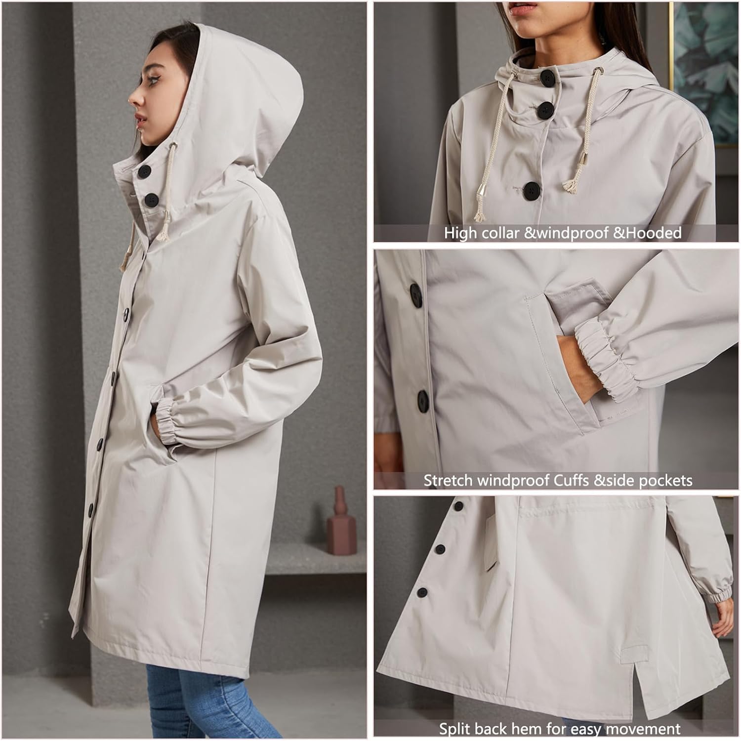 Rain Jacket Women Waterproof Long Lightweight Raincoat Hooded Windbreaker Trench Coat