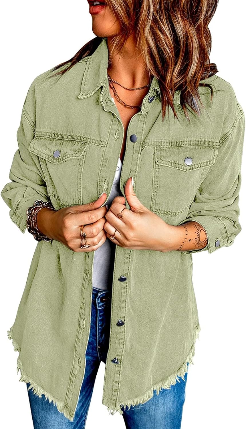 Vetinee Women’s Oversized Button Up Frayed Hem Shacket Long Sleeve Pockets Denim Jean Jacket - Image 5