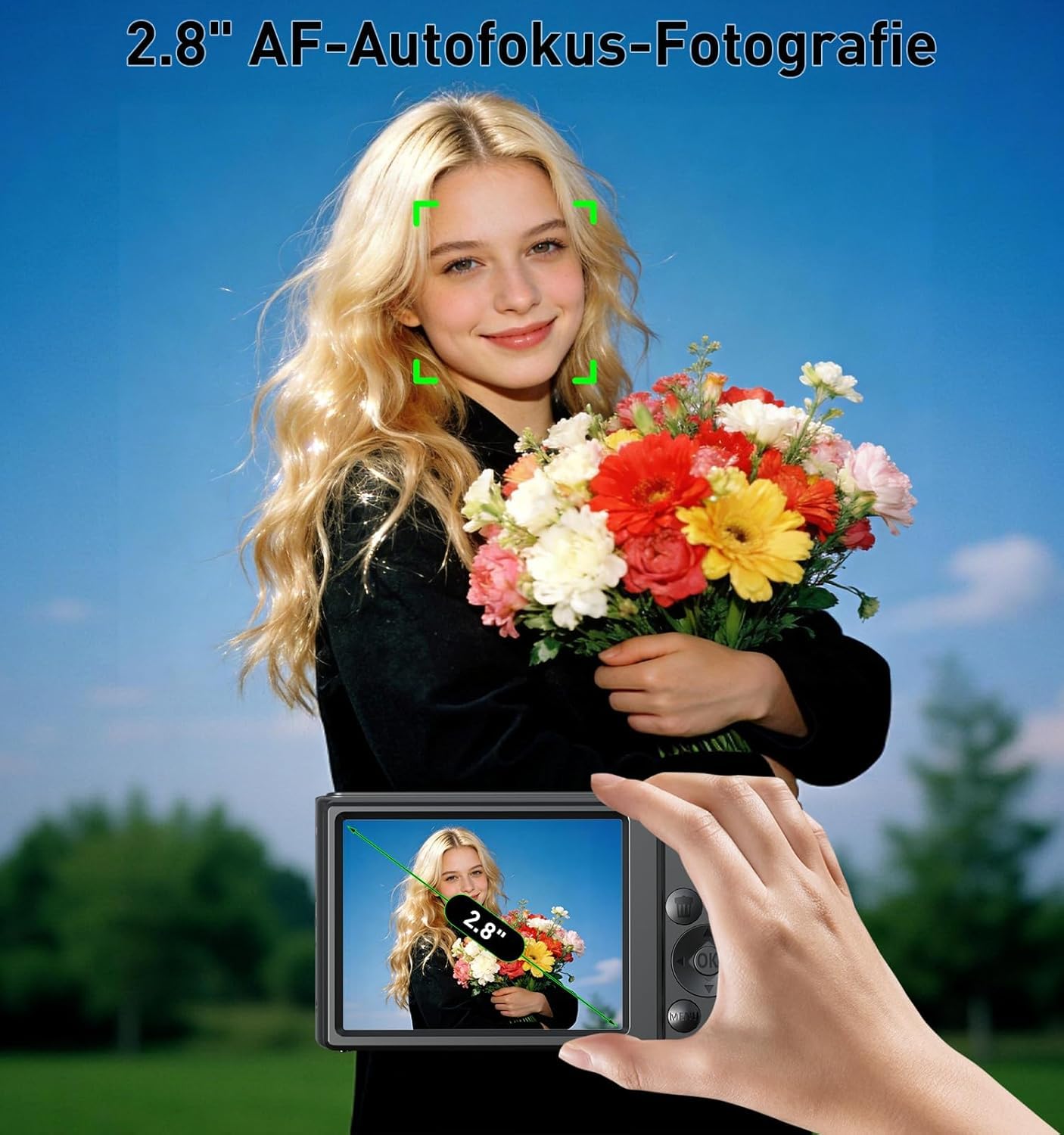 4K Digital Camera, 44MP FHD Compact Camera with Auto Focus, 16X Digital Zoom, 2.8 Inch LCD Screen, Portable Mini Camera with 64GB Card & 2 Batteries for Beginners Teens