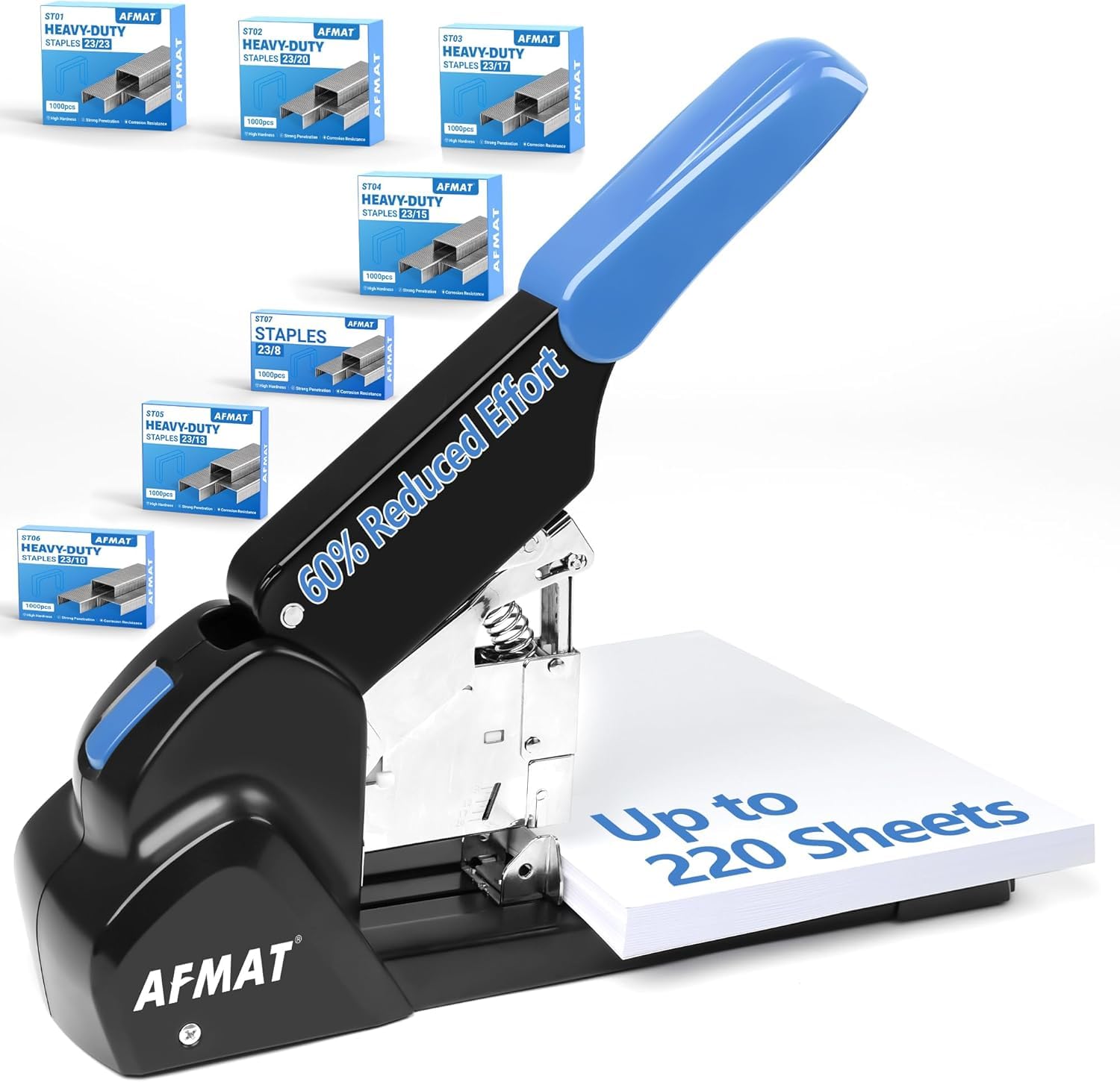 AFMAT Spillatrice a blocco, capacità di 210 fogli, 60% di sforzo in meno, 50.000+ operazioni di cucitrice, sistema anti-blocco, profondità di inserimento regolabile, cucitrice da ufficio in metallo