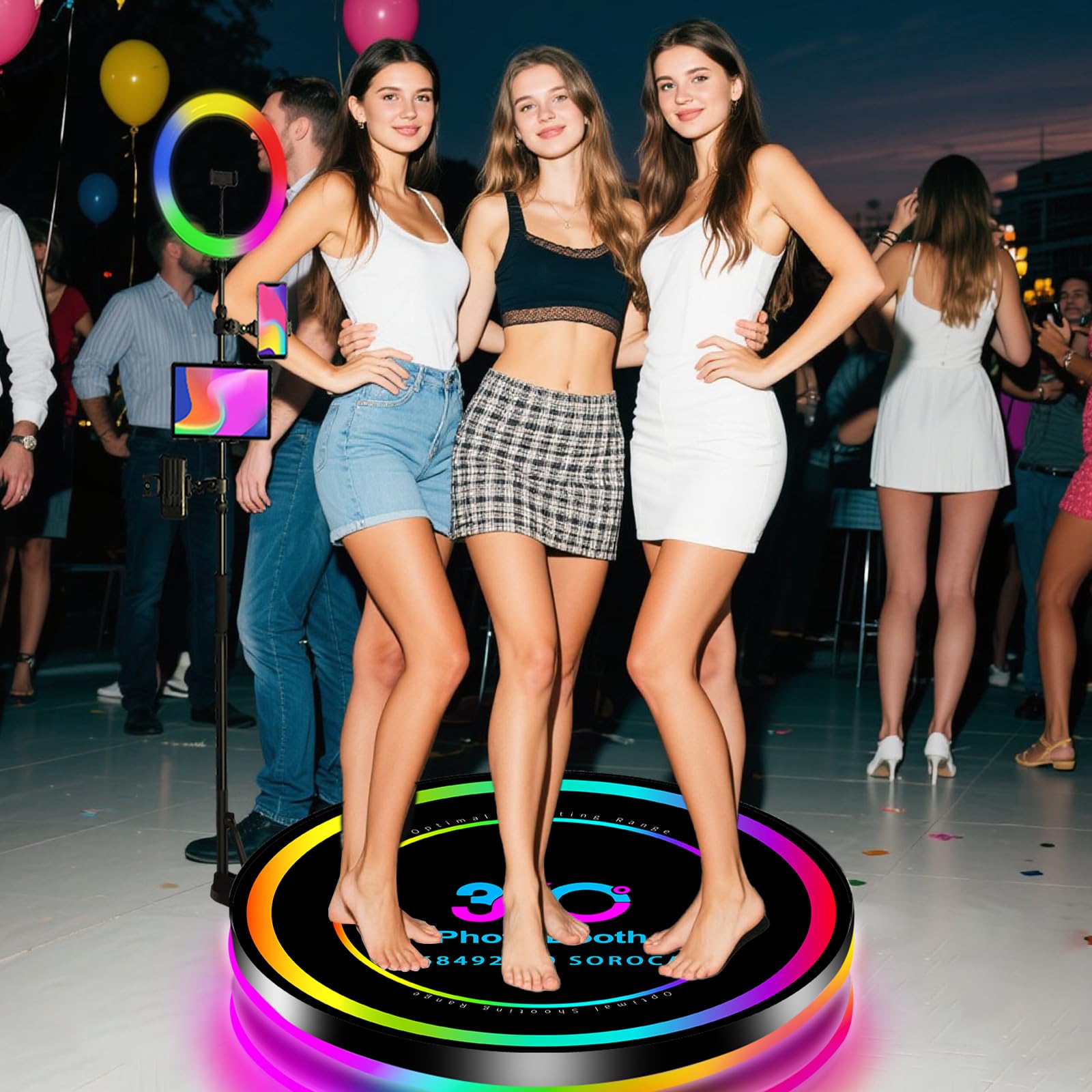 Máquina de cabina de fotos 360 con funda de vuelo y anillo de luz RGB, cabina de fotos portátil de rotación automática de 360 grados y logotipo personalizado para cumpleaños/alquiler (31.5 pulgadas)