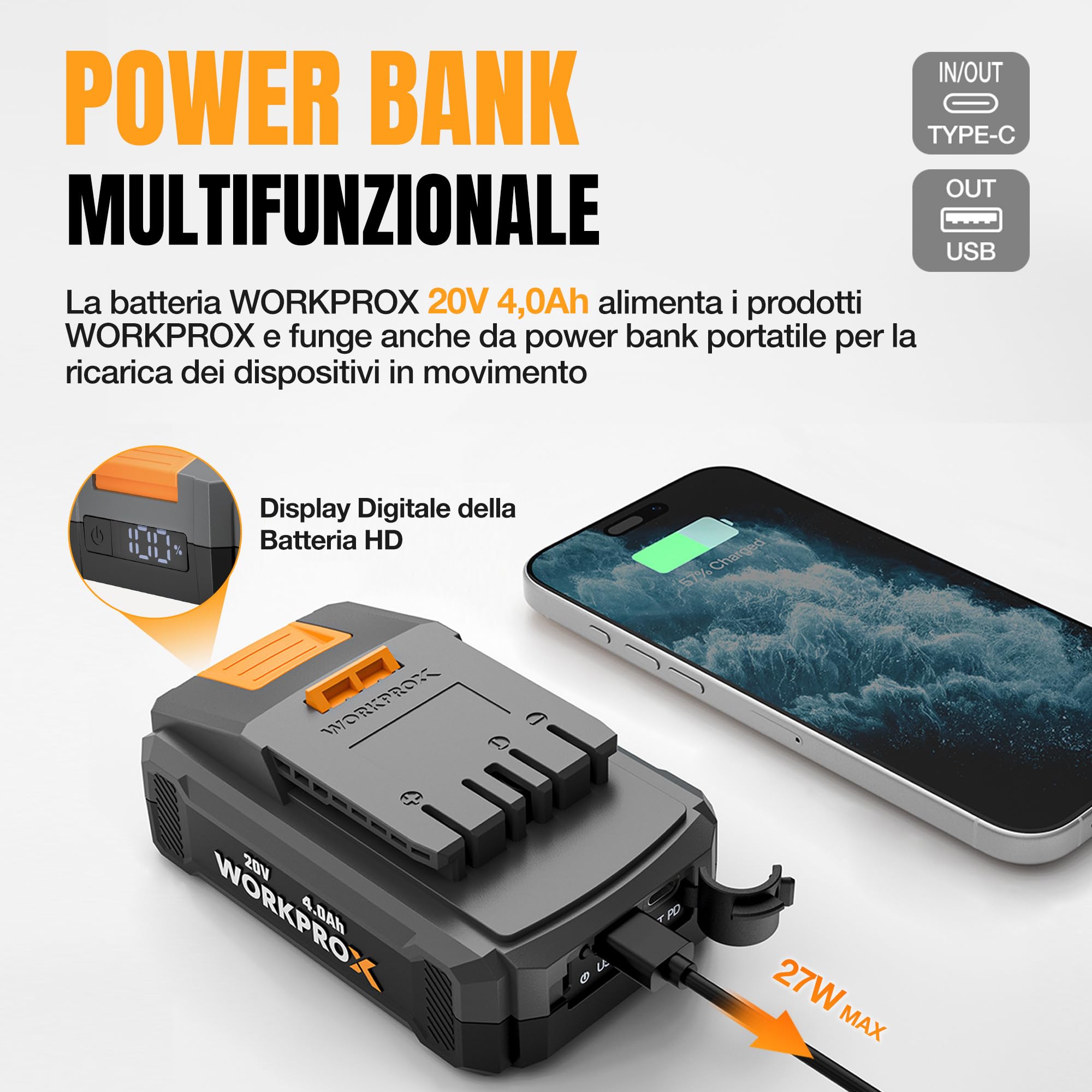 WORKPROX Potatore Telescopico su Asta 20V per la Potatura di Rami Alti, Motosega a Batteria 4,0Ah, Estensione fino a 4,5 m, Lama da 20 cm, Angolazione Regolabile, Lubrificazione Automatica