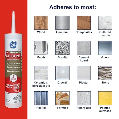 Miniatura 4 de GE Calafateo de silicona avanzado para cocina y baño, sellador de silicona 100% impermeable, adherencia 5 veces más fuerte, a prueba de encogimiento