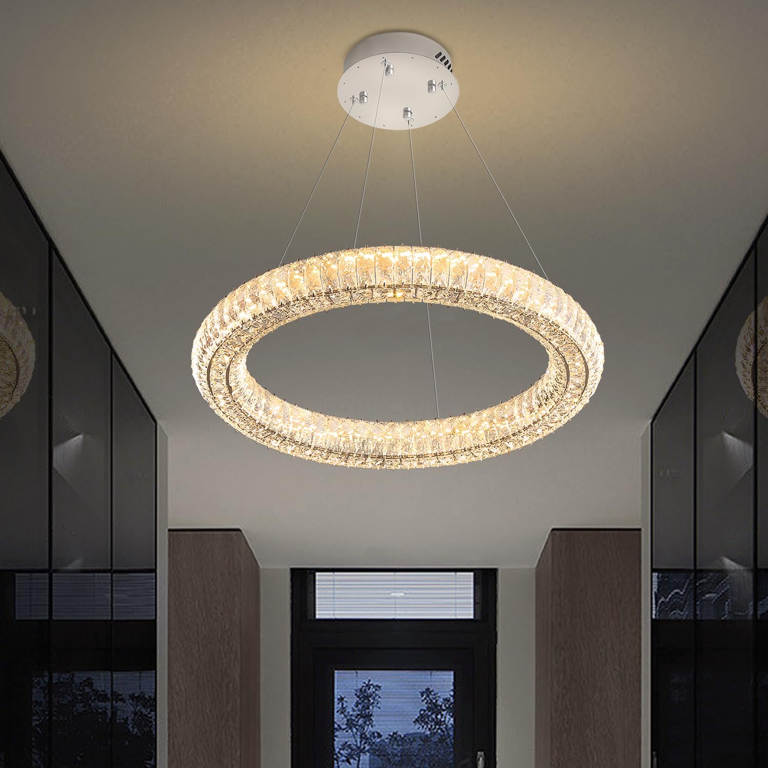 KXEcoLife Modern Crystal Chandelier Dimmable LED 60Cm Ring Pendant Light Adjustable Round Chrome Fixtures for Dining Room Living