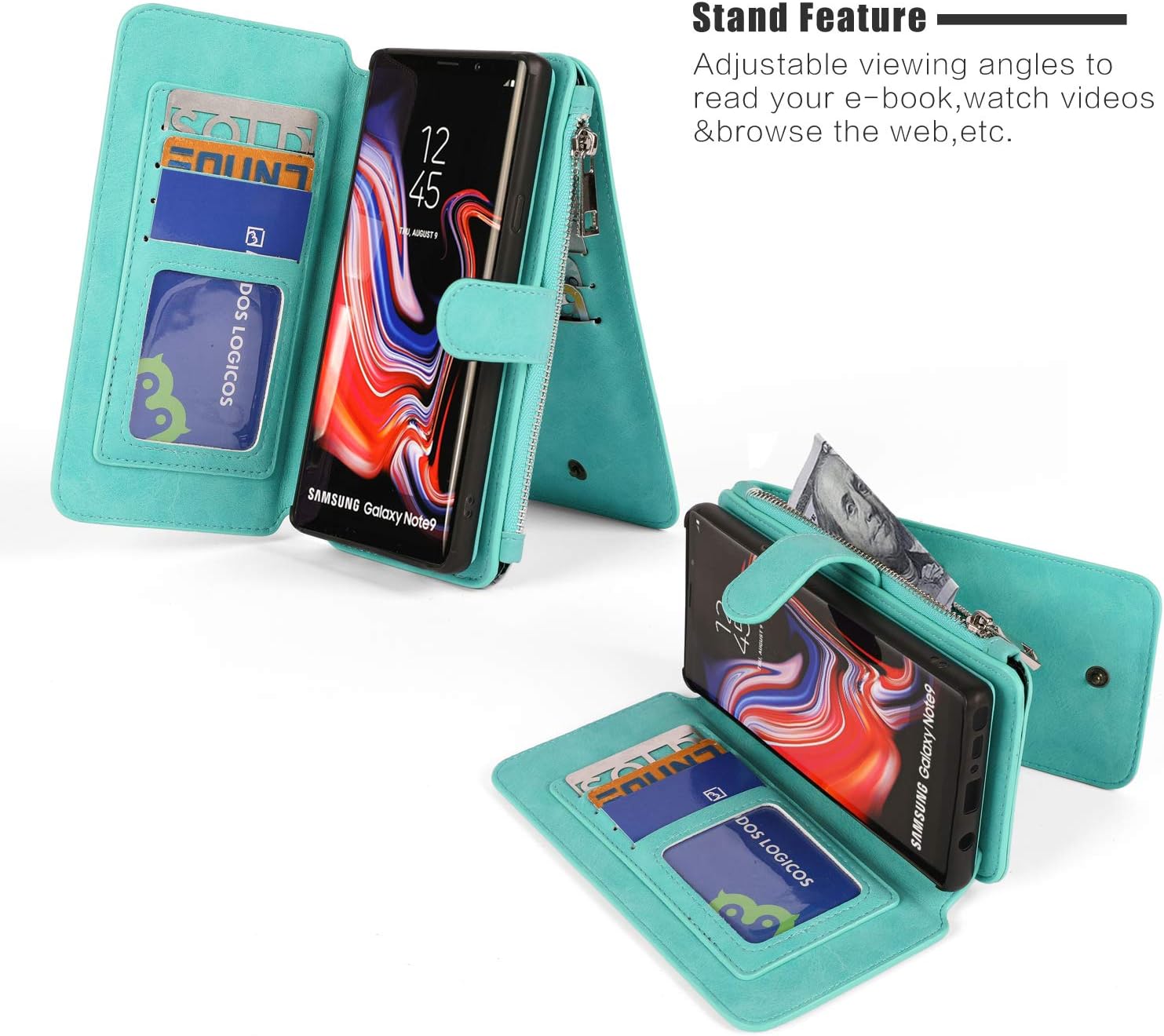 MODOS LOGICOS Case for Samsung Galaxy Note 9 6.4", [Detachable Wallet Folio][2 in 1][Zipper Cash Storage][14 Card Slots 1 Id Window] PU Leather Purse with Removable Inner Magnetic TPU Case - Teal
