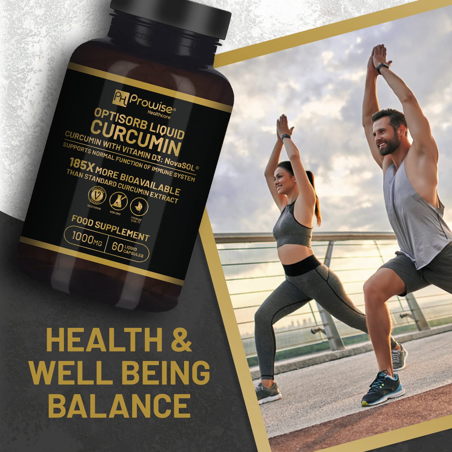 Optisorb flüssiges Curcumin mit Vitamin D – 60 Liqcaps | 185x Bioverfügbarkeit von Kurkuma und Curcumin – Ultra bioverfügbar | Flüssige Kapseln mit 1000 mg NovaSOL Tagesdosis