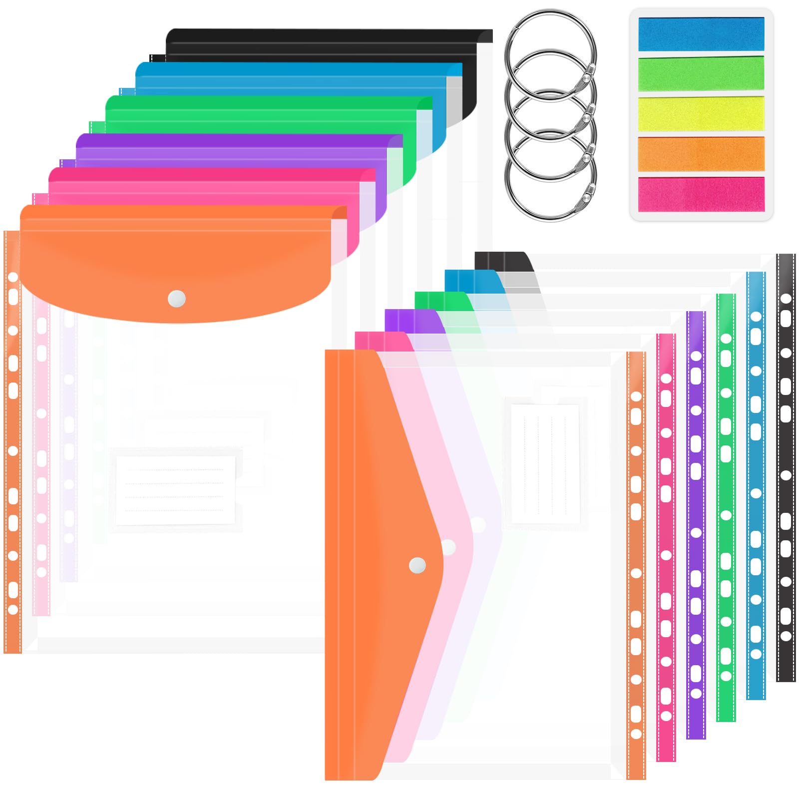 A4 Plastic Wallets – 12 Pack Punched Pockets Expandable Document Folders with Button, Colorful Punched Pockets, Tab Card & 4-Ring Binders for School, Office, Home, and Travel (Horizontal & Vertical)