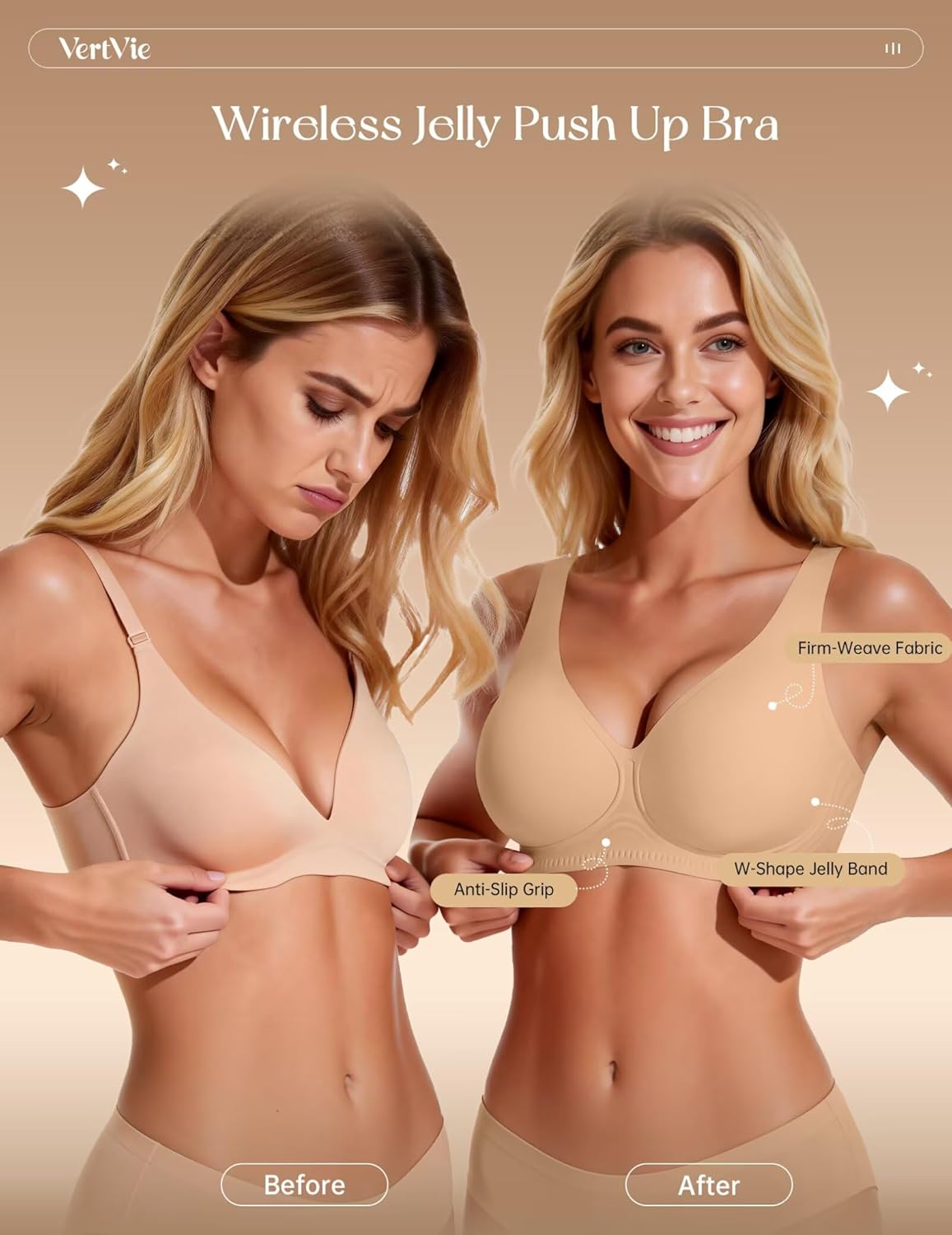 Vertvie 2026 Womens Wireless Jelly Bras Push Up Cup-Engineered Support Deep V Lift Bra Seamless No Underwire T-Shirt Bralette - Image 2