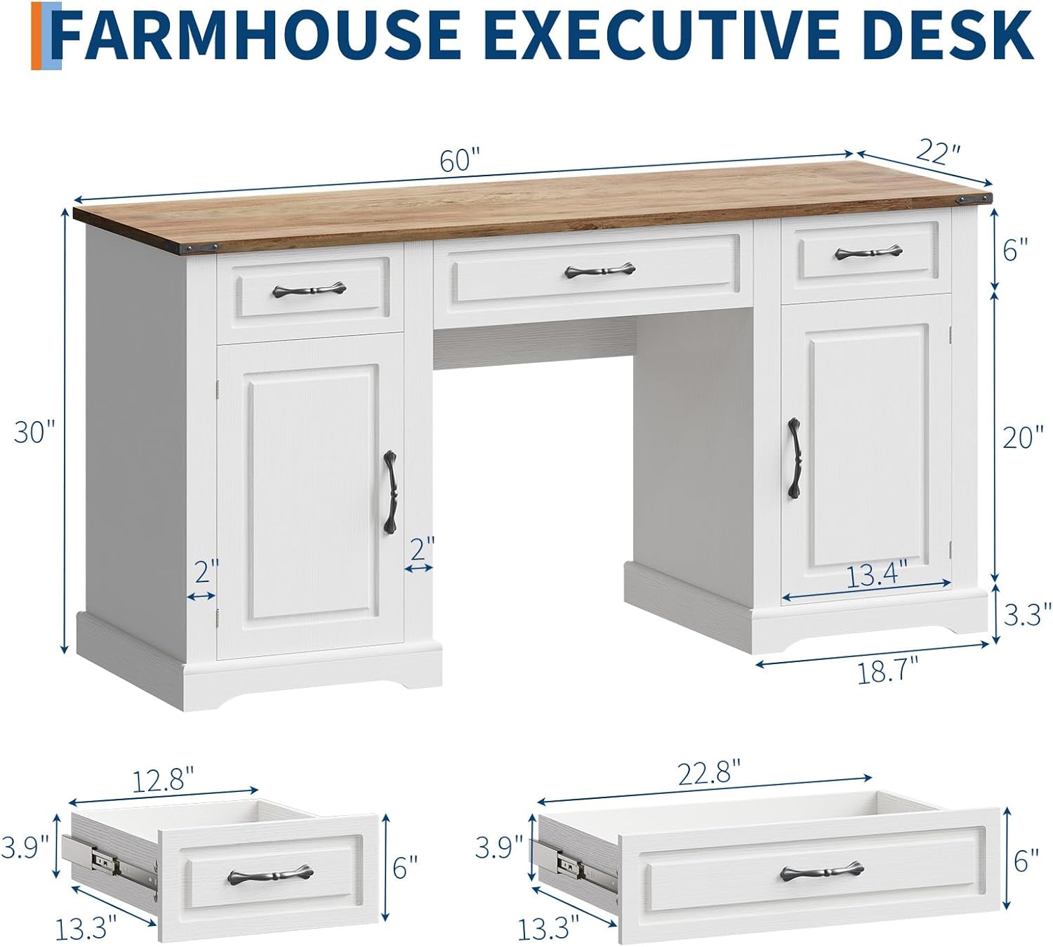 Garvee 60" Executive Desk with Drawers, Farmhouse Home Office Desk with Storage Cabinets, Wood Workstation Computer Writing Desks for Home, Study, Work, Antique White